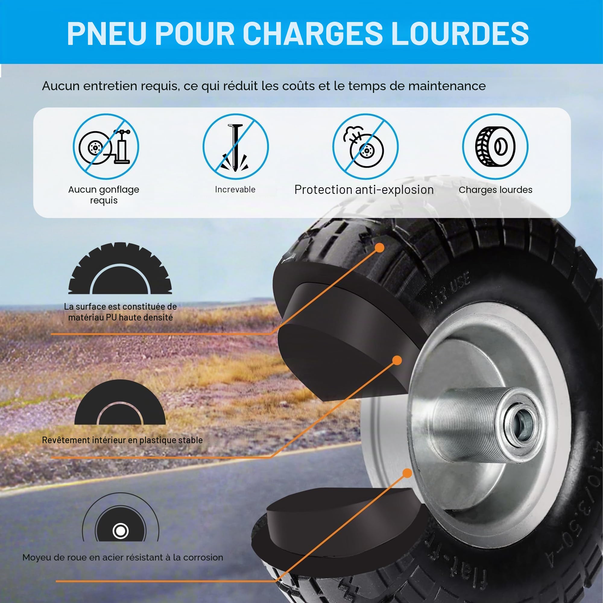 Lot de 2 roues de rechange pour diable, caoutchouc plein, 4.10 3.50-4, 260 x 85 mm, essieu 16 mm