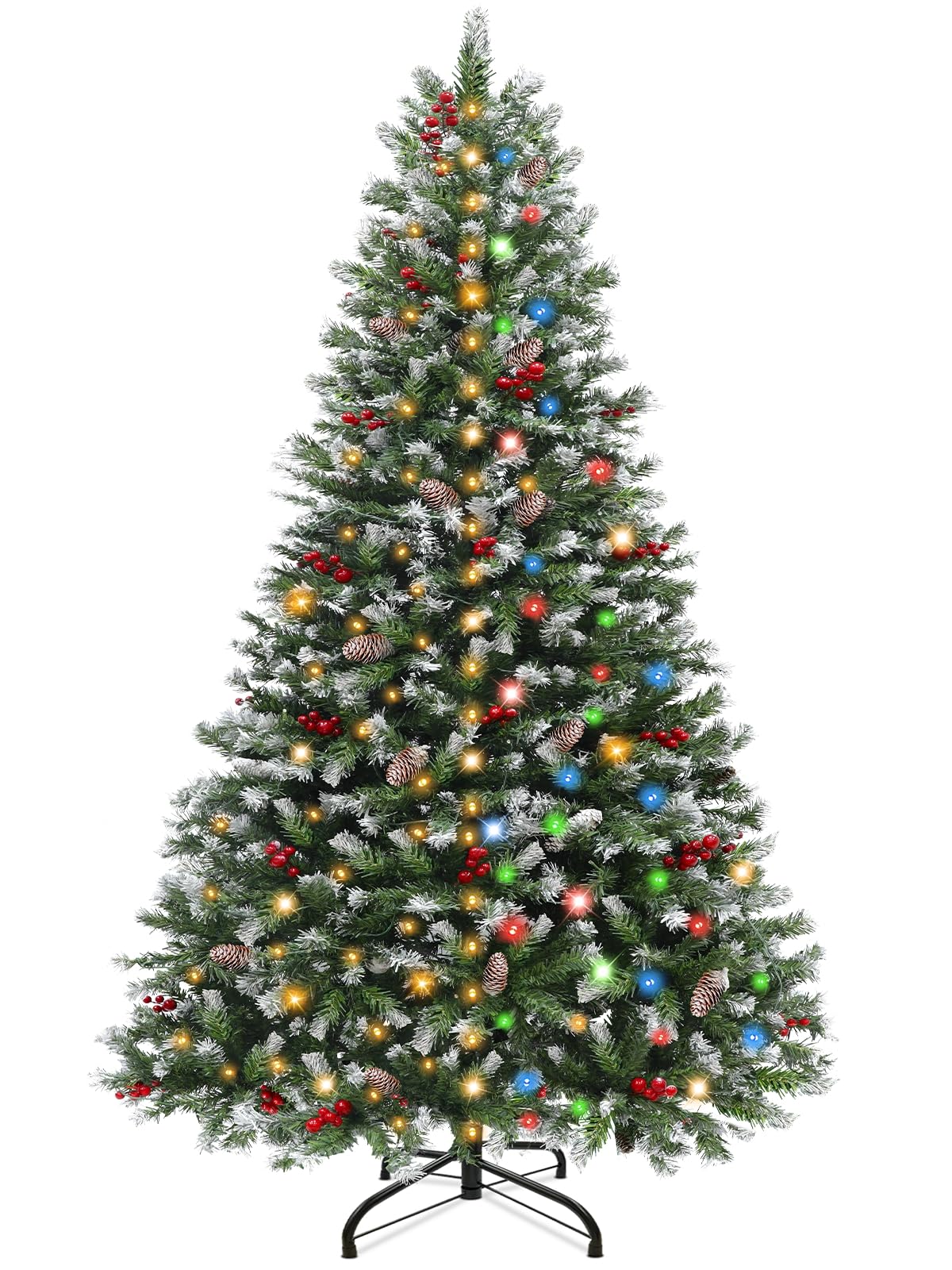 Dual Color Change&Timer 6.5Ft Prelit Spruce Full Artificial Christmas Tree, 300 Warm White&Colored Lights 8 Modes 1064 Snowy Thick Tips 43 Pinecone 36 Red Berry Metal Base Hinged Xmas Tree Home Decor