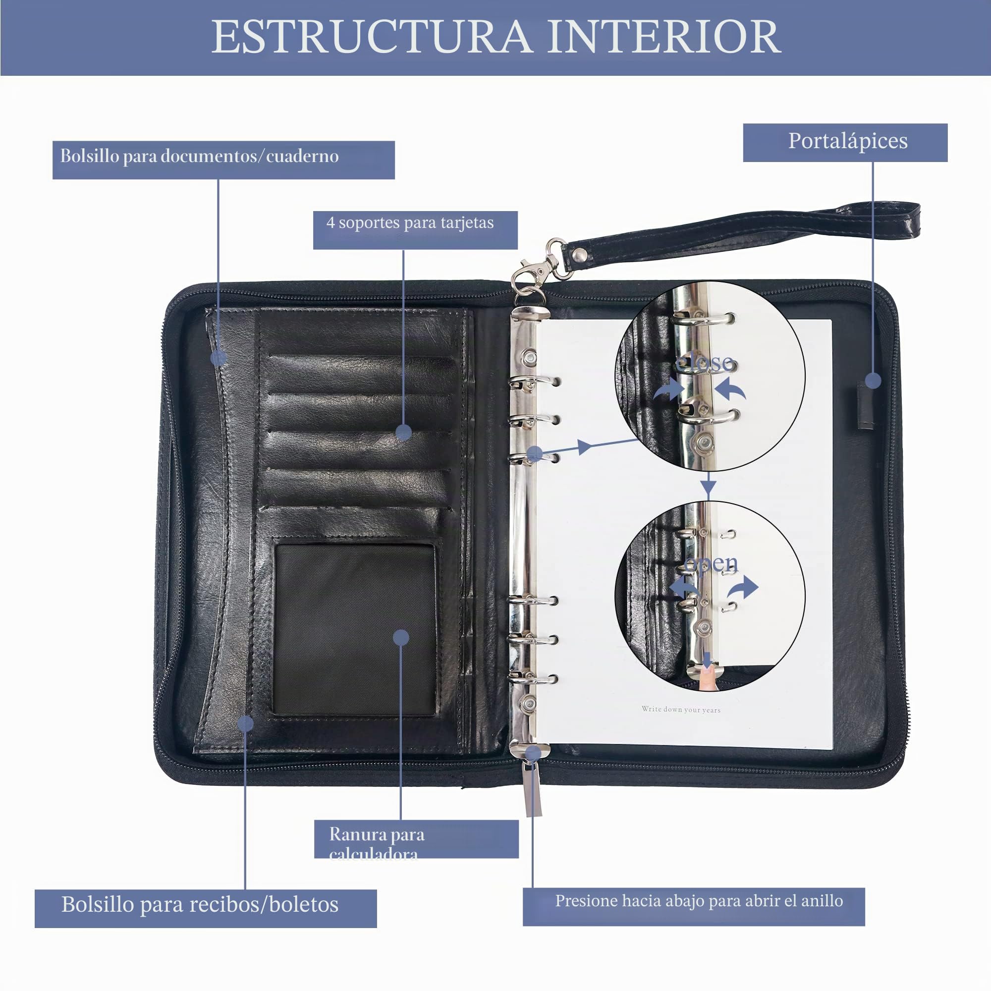 GraduatePro A5 Carpeta de Conferencias Zipper Cuero, Carpeta de Documentos para Viaje, Carpeta Organizadora Personal Agend, Diseñado para Negocio y para Tomar Notas, Negro