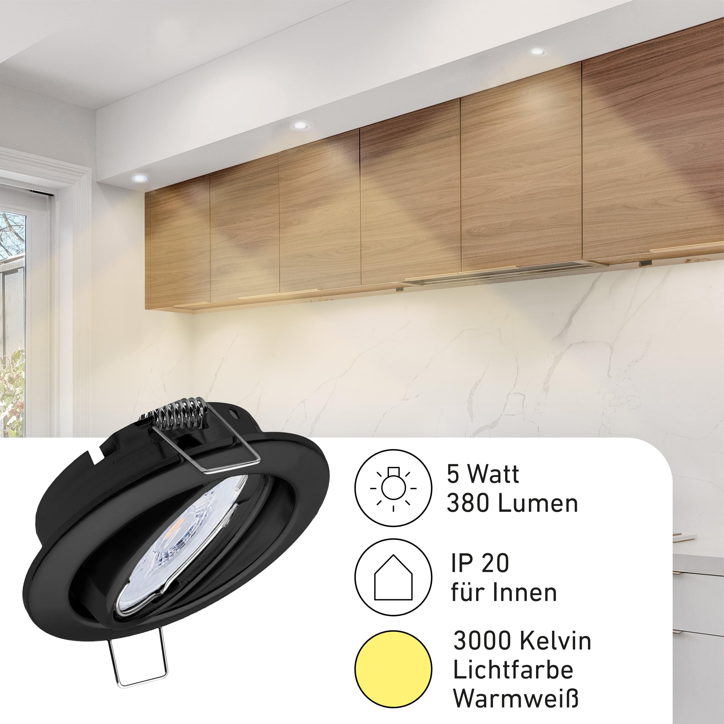 Oktaplex 6x Dijon Einbaustrahler LED 230V dimmbar Schwenkbar ultra flach | 22mm Einbautiefe, 3000K Warmweiß, Lochmaß 68mm, 5W, 380lm, 110° Deckenspots Schwarz