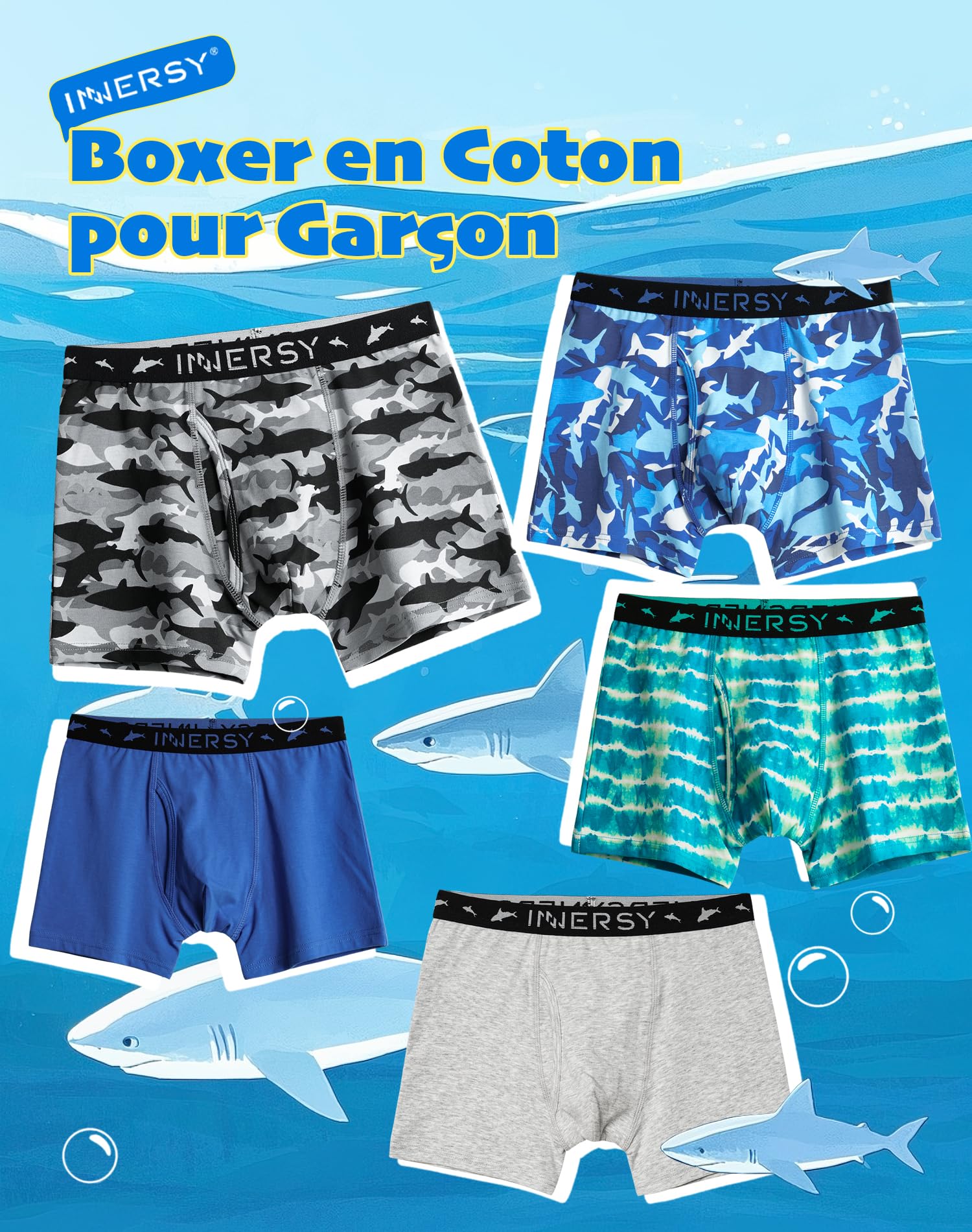 INNERSY Boxer pour Garçon en Coton Doux sous-vêtements Caleçons Grand Garcons 6 à 18 Ans Lot de 5