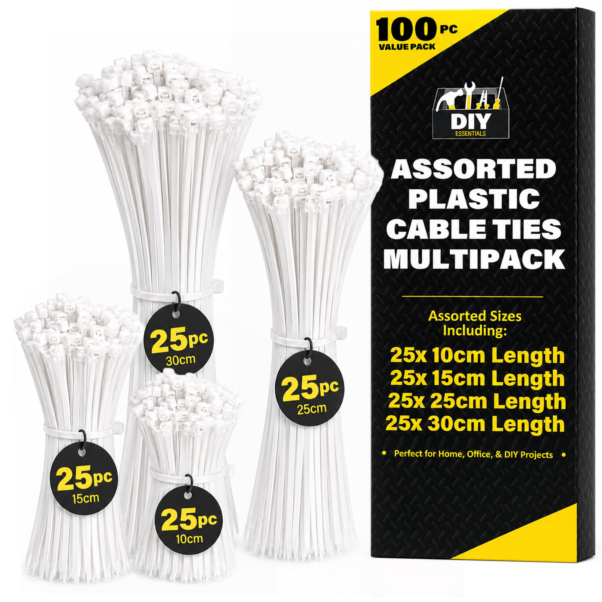 SOL 100pcs White Cable Ties 100mm 150mm 250mm 300mm Assorted Heavy Duty Self Locking Nylon Zip Ties for Electrical Wiring Management Garden DIY Organisation Strong Fastening Indoor Outdoor Use