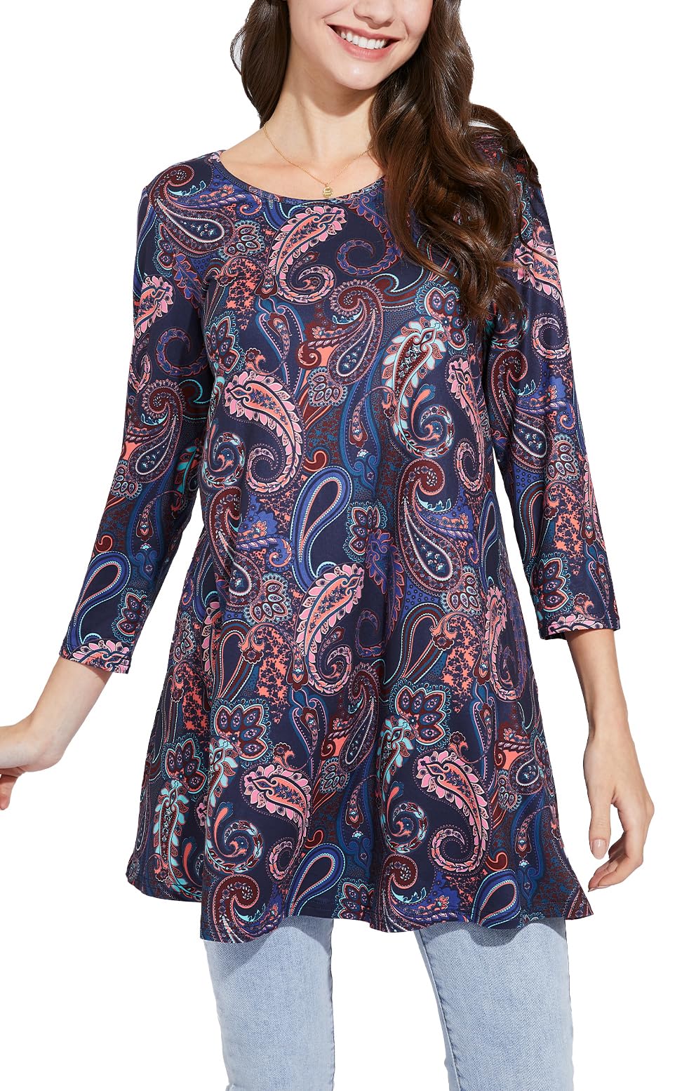 Enmain Blusas Mujer Camiseta Manga Larga Tallas Grandes Elegante Tunica Larga Manga 3/4 Cuello Redondo de Color Liso Estampada Fiesta Casual