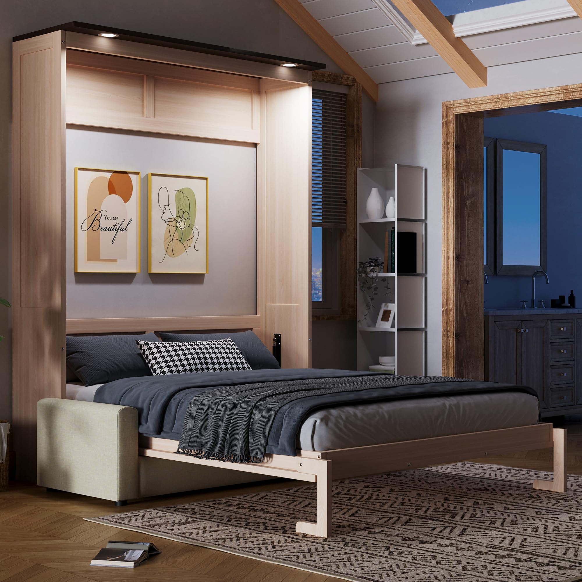 MERITLINE Queen Murphy Bed with Couch and LED Lighting,Solid Wood Folding Murphy — product photo