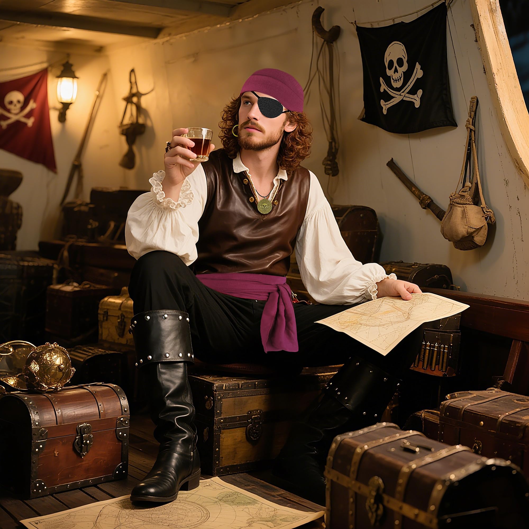 Męskie akcesoria do kostiumu pirata, zestaw akcesoriów pirackich z bandaną na głowę szalik opaska na oko naszyjnik kolczyk na imprezę cosplay (5 szt.)