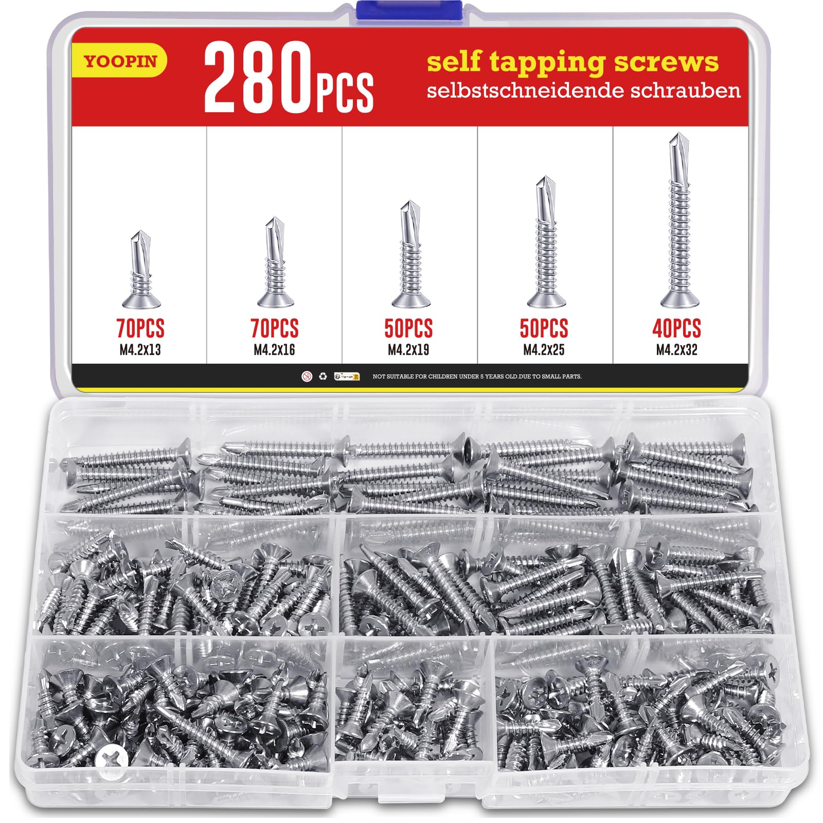 YOOPIN 280 Stück Selbstschneidende Schrauben Kit, Edelstahl Blechschrauben Selbstschneidend, M4.2 Selbstbohrende Bohrschrauben (32mm/25mm/19mm/16mm/13mm) für Holz, Metallplatten, Dachfenster