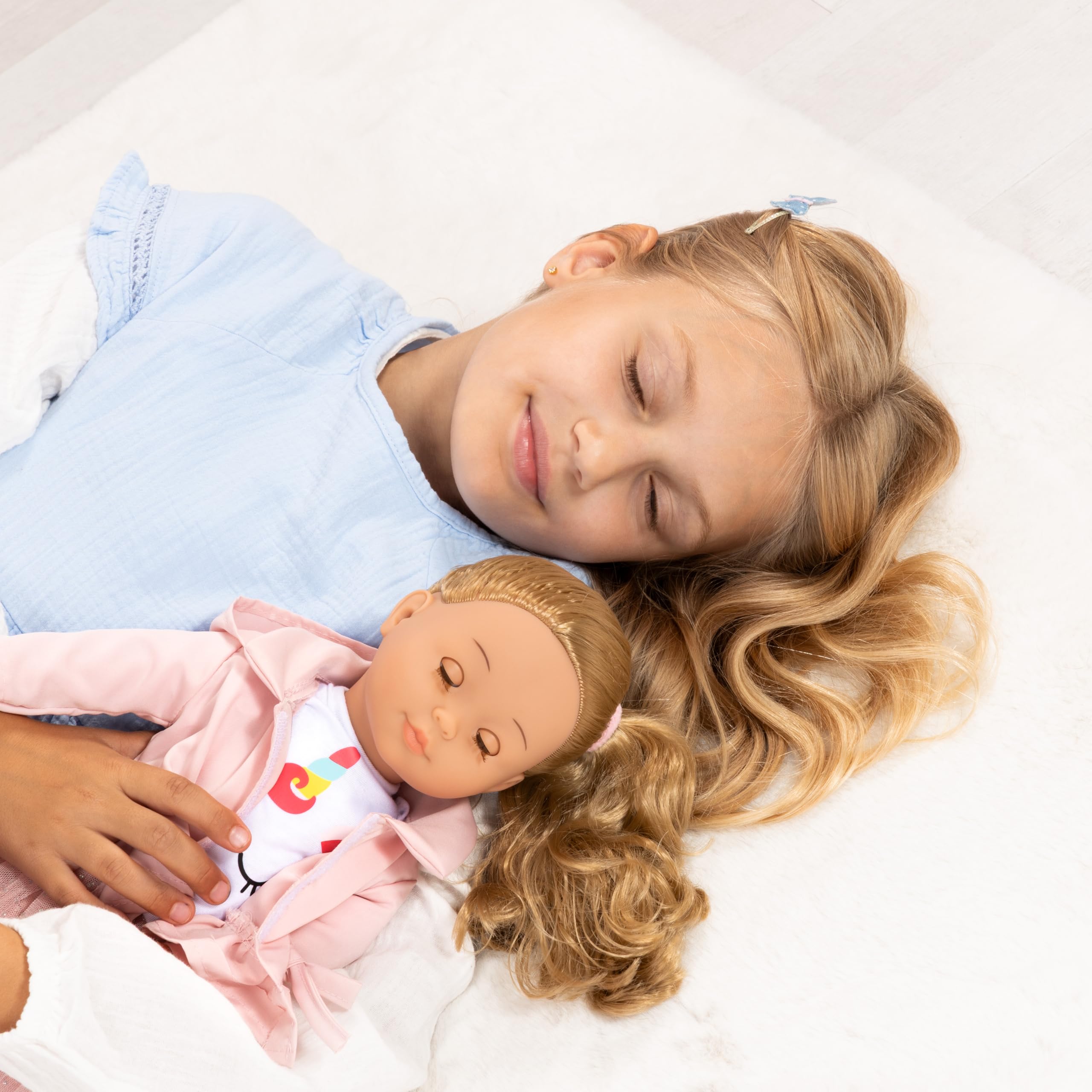 Bayer Design 94637AN Charlene Puppe interaktiv mit Haaren, sprechend, Funktionspupe, weicher Körper, Schlafaugen, Zubehör, 46 cm, Rosa