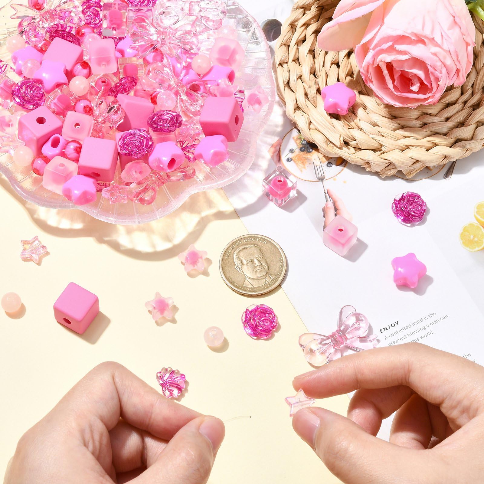 UR URLIFEHALL 200 Pcs Acrylic Beads Hot Pink Assorted Beads Round Flower Star Shaped Beads for Bracelets Making Keychains Jewellery DIY Crafts - Image 3