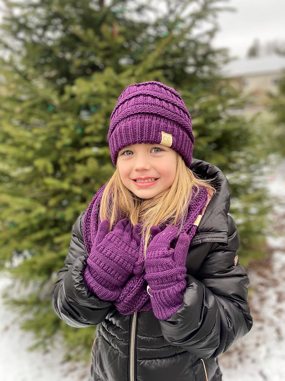 Funky Junque Kids Cozy Winter Set - Matching Ribbed Beanie Hat, Cable Knit Scarf & Gloves