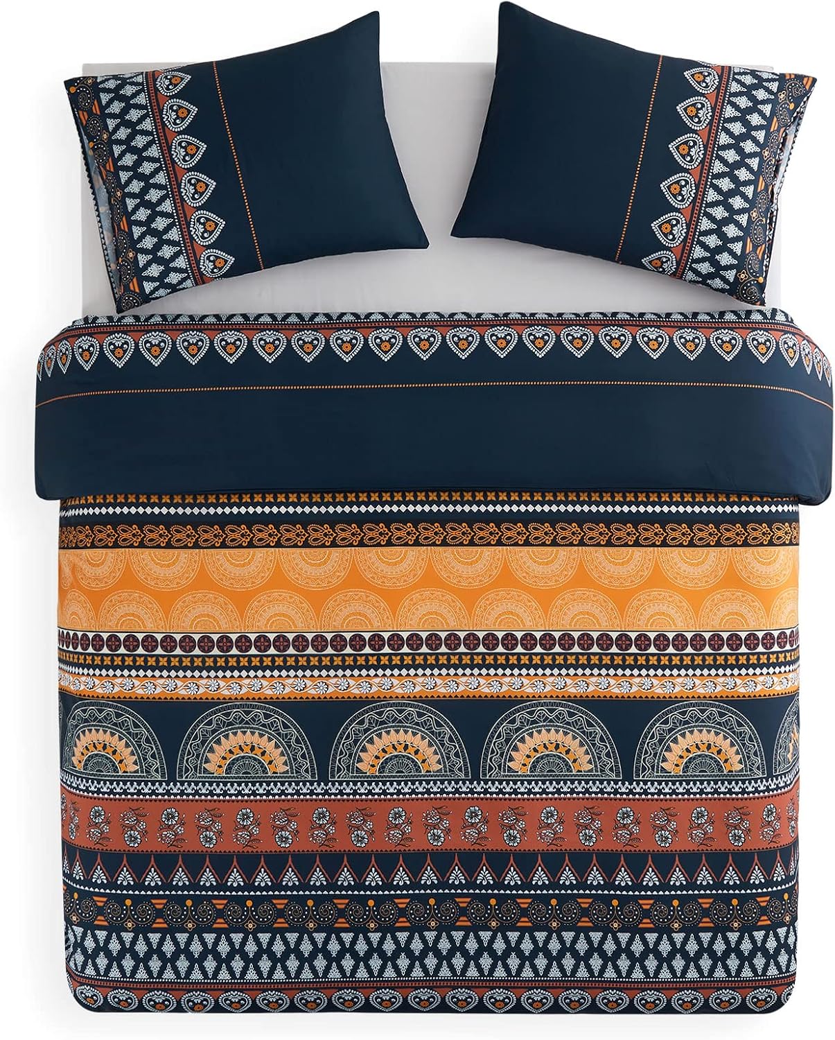 Wake In Cloud - Bohemian Comforter Set, Boho Chic Paisley Striped Floral Pattern Printed for Men Women, Soft Lightweight Bedding, 3 Pieces, Orange Navy, King Size - Image 3