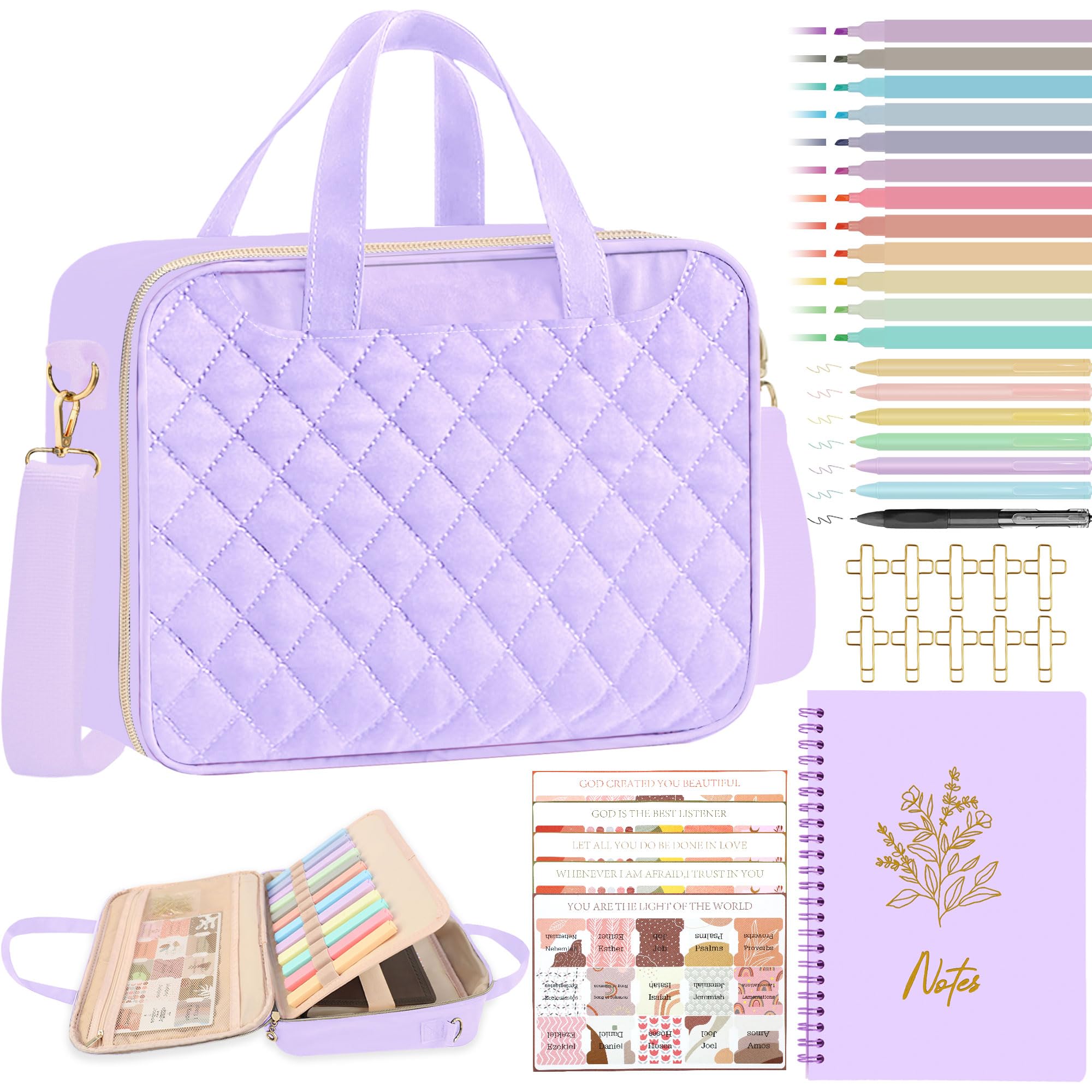 PUGPIU Bible Cover Case for Women, Large Quilted Bible Bag with Shoulder Strap and Handle, Bible Study Supplies Journaling Kit with Highlighters Pens