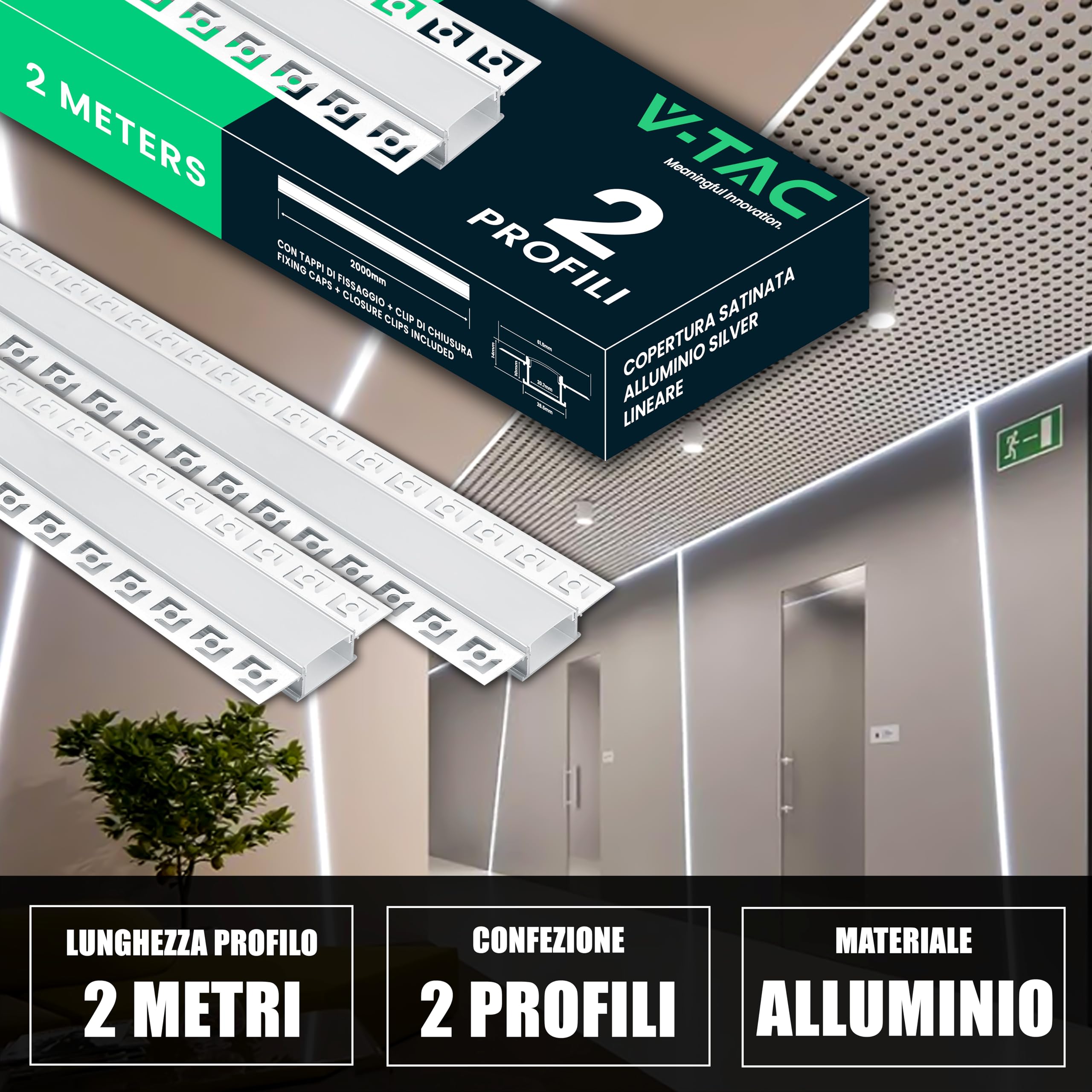 V-TAC 2x Profili per Strisce Led da 2 METRI a Scomparsa con Diffusore - (4 Metri Totali) - Profilo per Cartongesso da Parete e Soffitto a Incasso - Alluminio - Misure 61,5 x 14 mm - Apertura: 20,7 mm