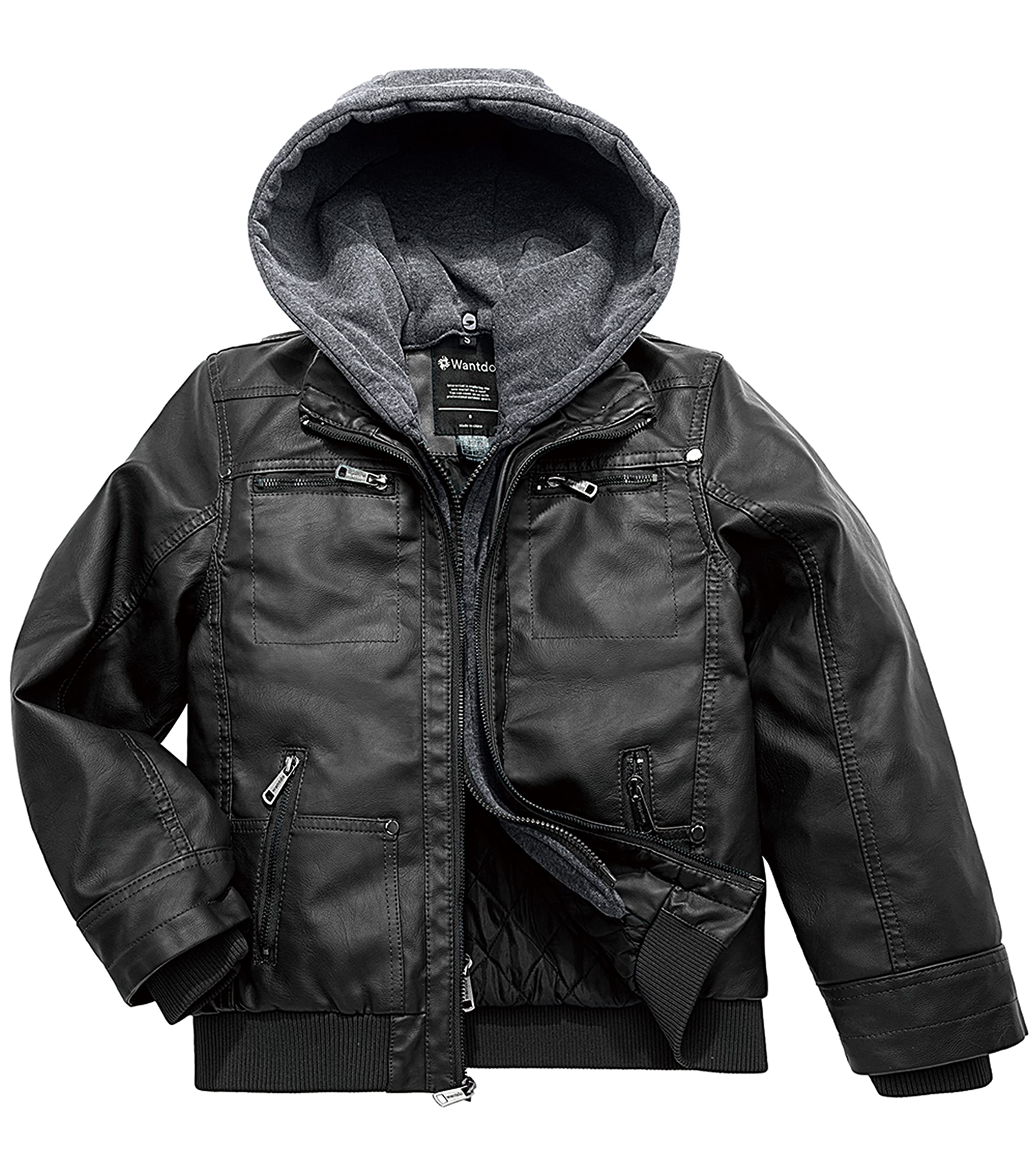 wantdo boy's warm winter coat leather jackets with rmovable hood zip up hoodie black light 8
