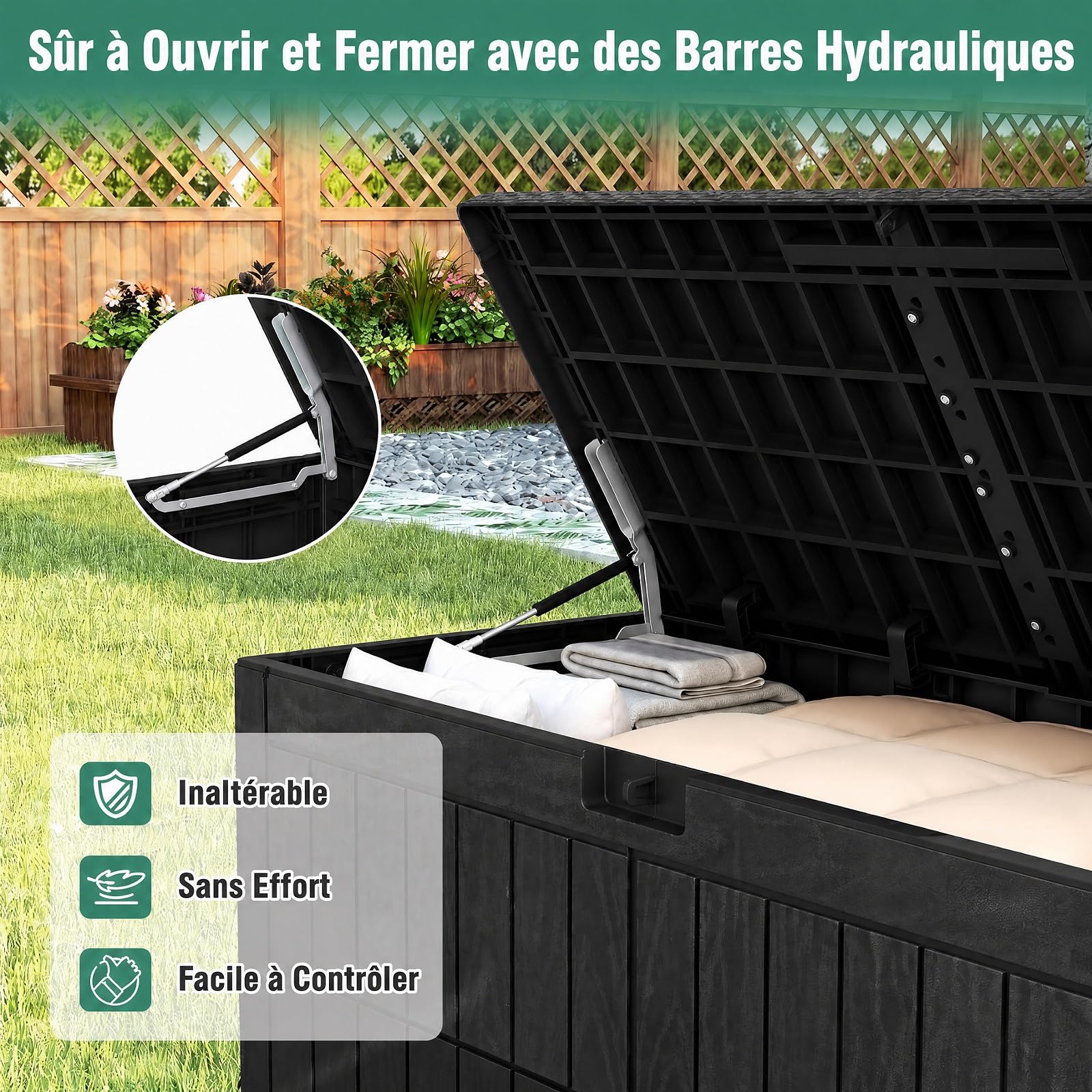 GYMAX Coffre de Rangement Exterieur Imperméable, Coffre de Jardin avce Couvercle Verrouillable, Poignée, pour Terrasse, Balcon (545L,Noir)