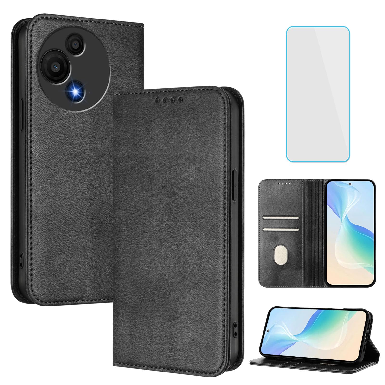 for TCL 60 SE/TCL 605 Phone Case Wallet with Screen Protecter RFID Blocking Leather Flip Kickstand Card Slot Phone Cover Vintage Mobile Case for TCL60 SE T517D T517H TCL605 Black