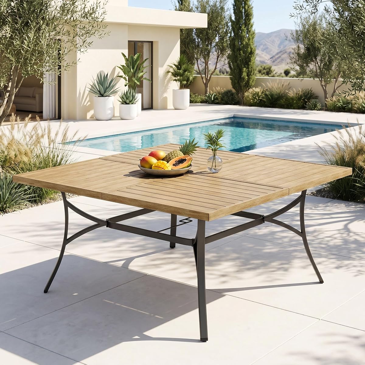 PHI VILLA 57.5" Outdoor Patio Table for 8 Person, Large Square Metal Steel Dining Table with Umbrella Hole, Weather-Resistant Wood-Like Table for Deck Backyards Porch, Brown
