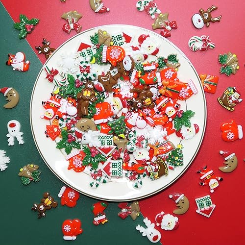 Miniatura 2 de Dijes navideños de resina para manualidades, 100 cuentas de slime con parte trasera plana, adornos en miniatura para adornos de Navidad, suministros