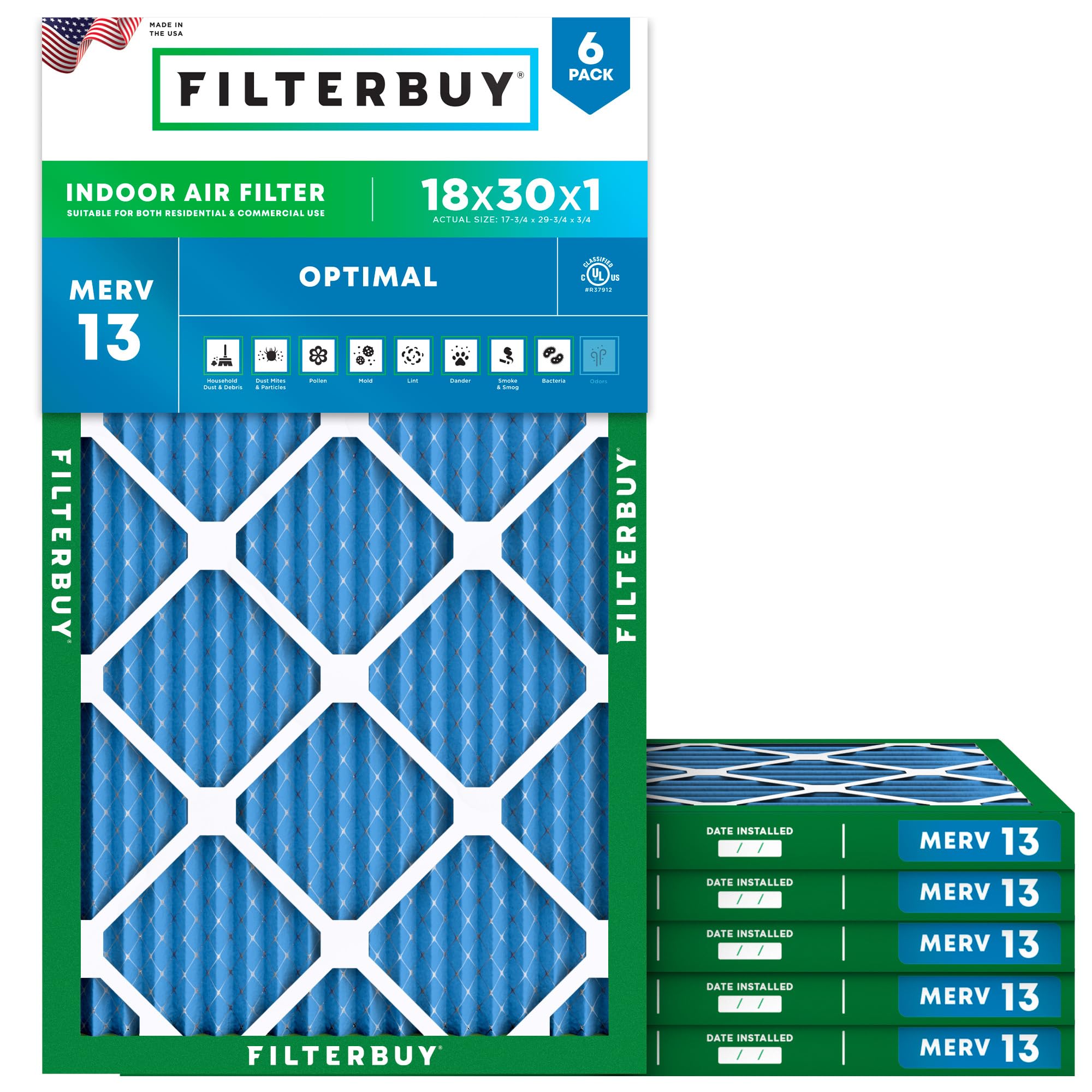 Filterbuy 18x30x1 Air Filter MERV 13 Smoke &amp; Allergy Defense (6-Pack)