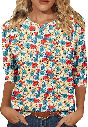 KISSMODA Tunic Tops for Women Loose Fit Dressy Round Neck Pleated 3/4 Length Sleeve Spring Tops