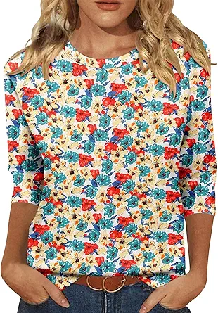 KISSMODA Tunic Tops for Women Loose Fit Dressy Round Neck Pleated 3/4 Length Sleeve Spring Tops
