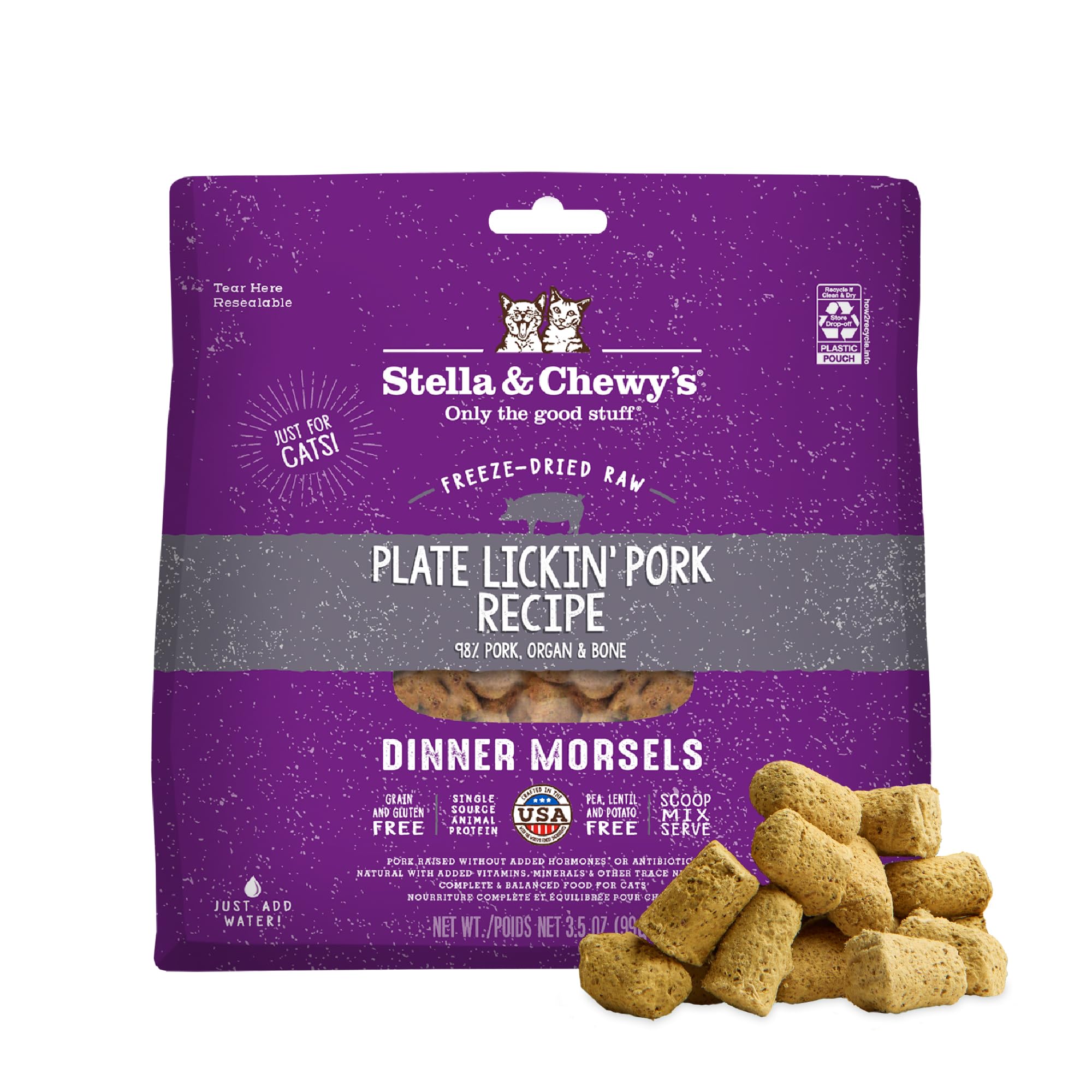 Stella & Chewy's Freeze-Dried Raw Cat Dinner Morsels - Premium Pork Recipe with 98% Responsibly-Sourced Meat & Organs - Natural Grain-Free Cat & Kitten Food - Made in USA - 3.5 oz