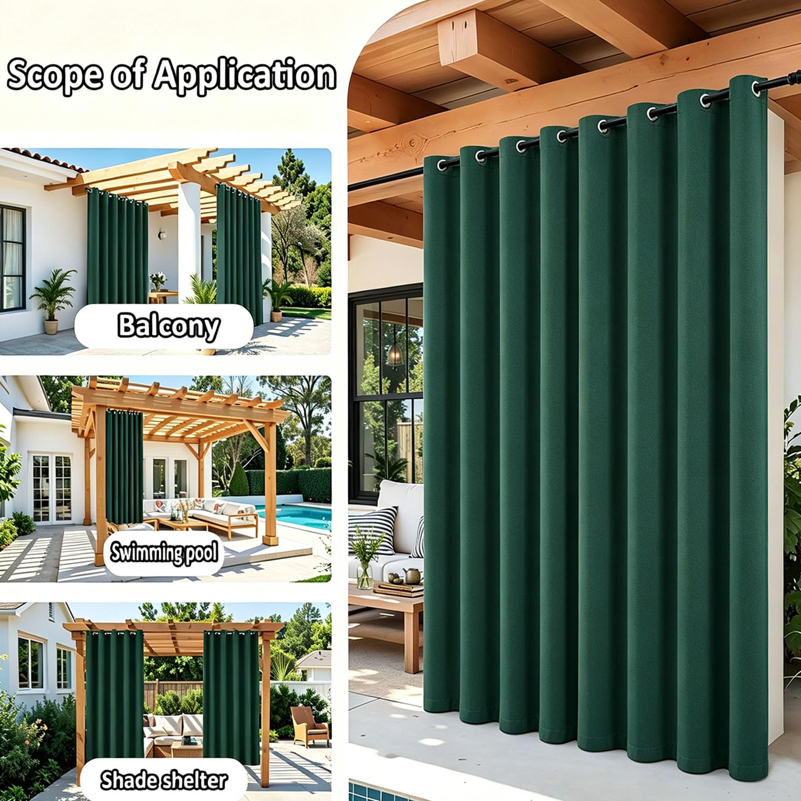 Outdoor Vorhang 166 x 264 cm Benutzerdefinierte Größe Outdoor Vorhang Wasserdicht Wetterfest Blickdicht mit Ösen Wetterfest mit Ösen für Garten Balkon, Dunkelgrün
