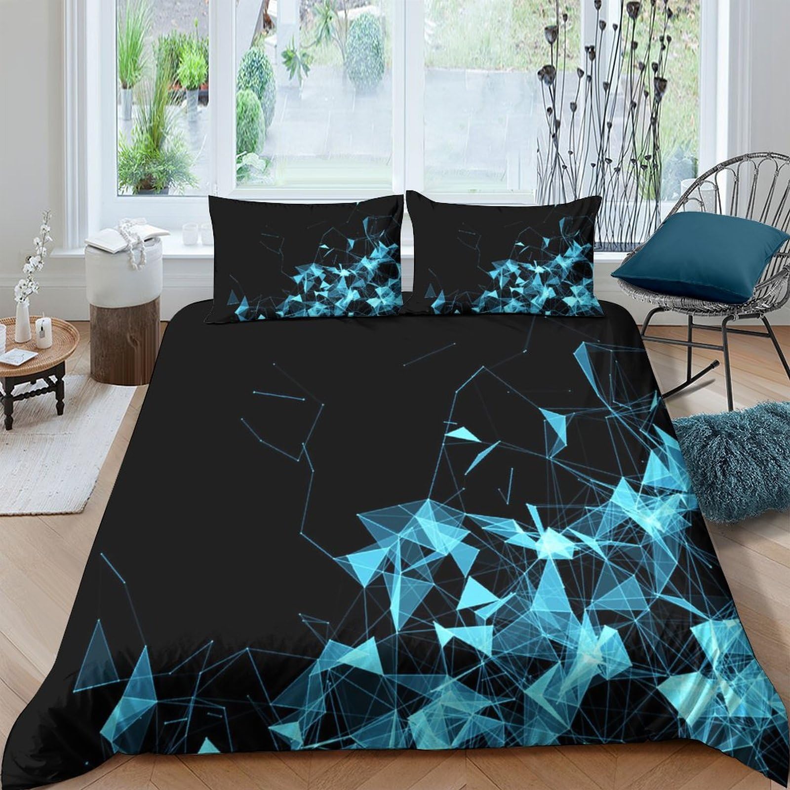 GPLZQXKJNH 3D Printed Blue Geometric Abstract Duvet Cover Microfiber Soft Breathable Black Polygon Bedding Set with 2 Pillowcases for Bedroom Rental Single（135x200cm）
