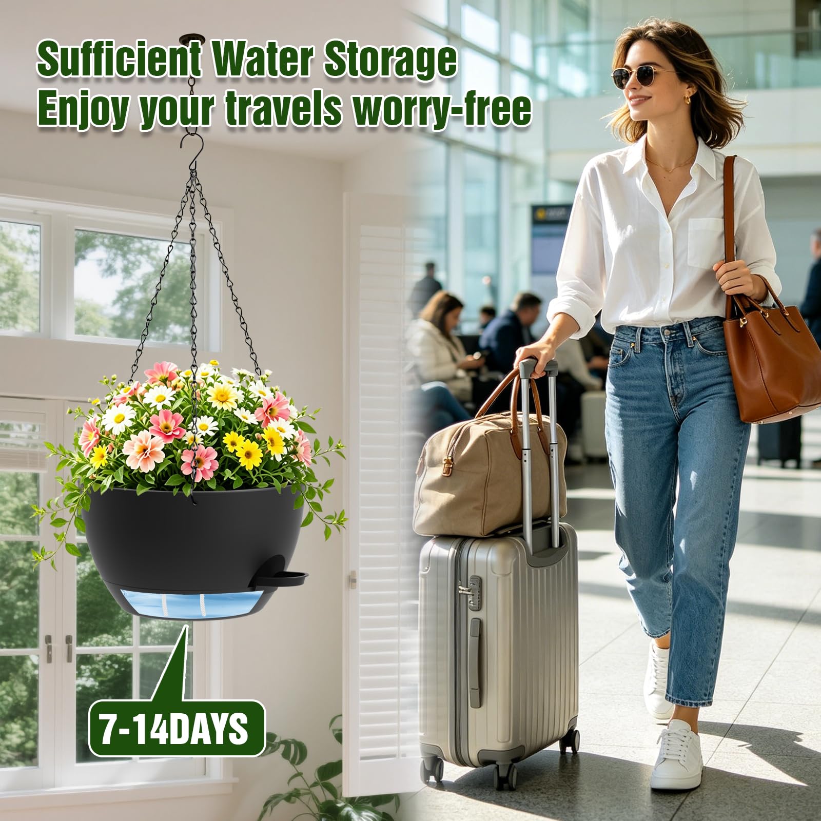 WSMKSZ 25cm Selbstbewässernde Blumenampel Hängend Innen Außen, 2er Set Kunststoff Blumentopf Hängend mit Drainageloch & Wasserreservoir, Hängetopf für Pflanzen für Balkon, Veranda, Garten, Schwarz