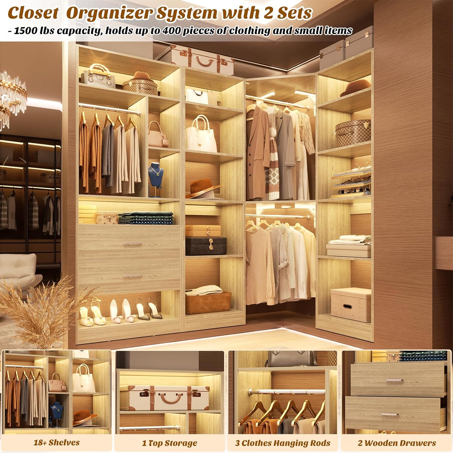 Components of Besiost Corner Closet System including shelves, drawers, and hanging rods