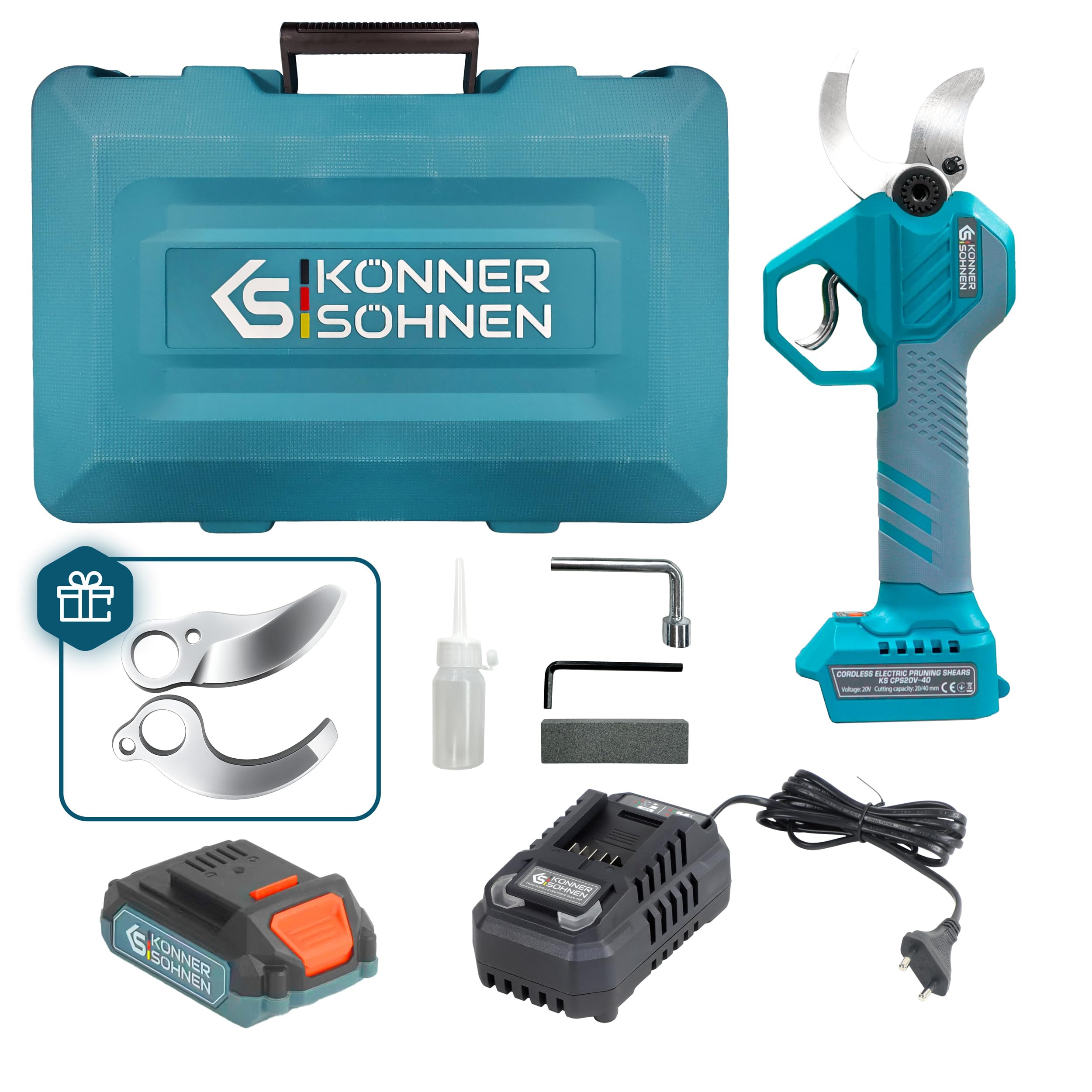 K&S Könner&Söhnen KS CPS20V-40 Case akumulatorowe nożyce do gałęzi, szerokość otworu 40 mm, miękki uchwyt, do ogrodu, gałęzi i drzew owocowych, akumulatorowe nożyce ogrodowe z akumulatorem i ładowarką
