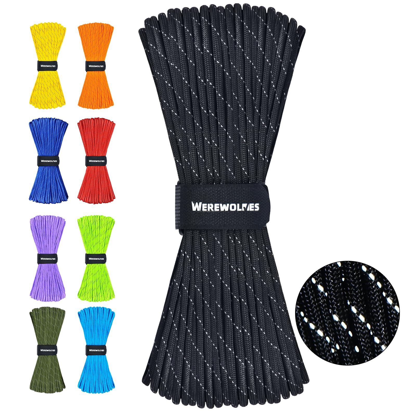 WEREWOLVES Reflective Paracord Rope 7 Strand Type III Parachute Cord 4mm 100ft / 200ft for Tent Camping Hiking Fishing Survival Tactical Clothesline