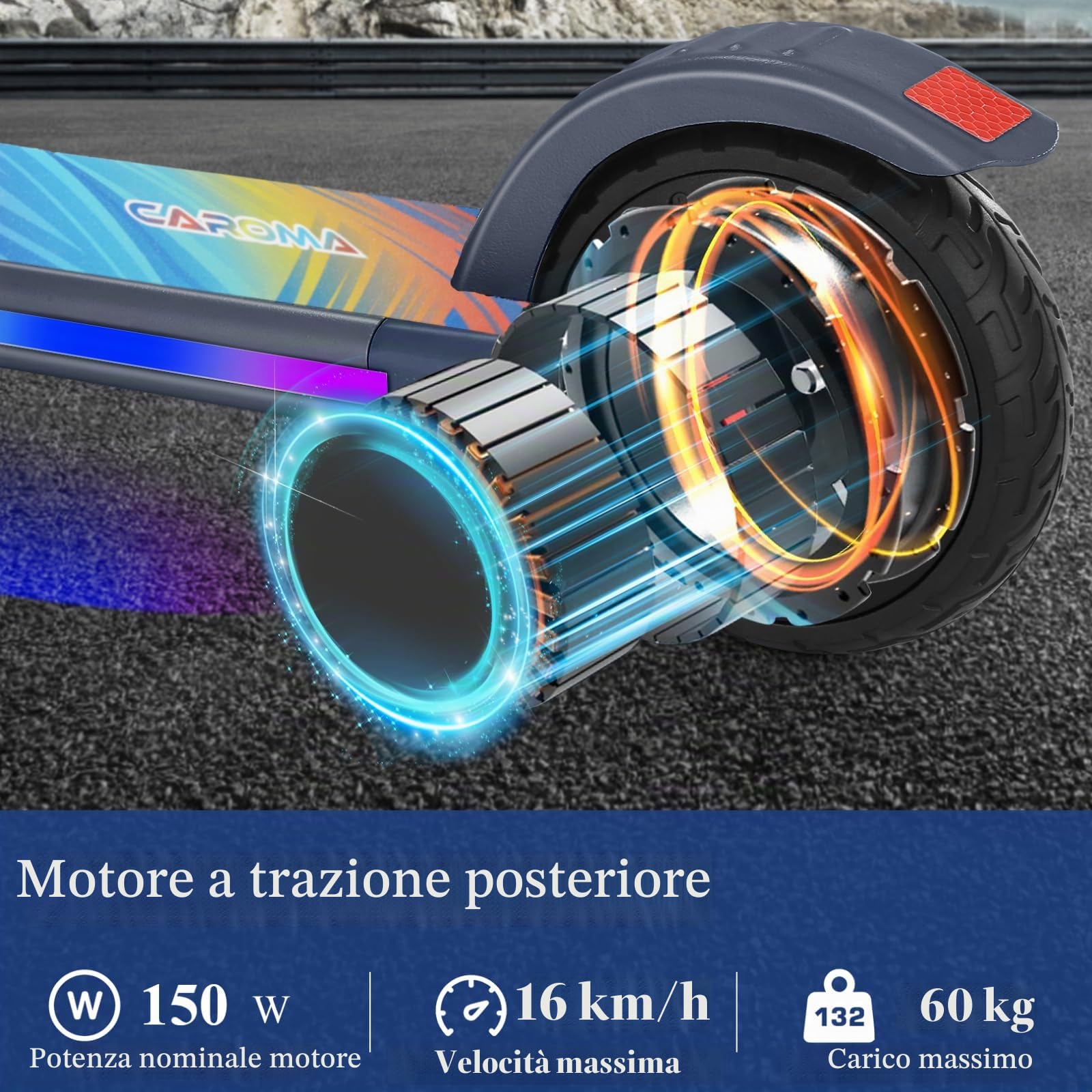 Caroma Monopattino elettrico per bambini dai 6 ai 14 anni, motore da 150 W, 16 km/h, 80 minuti di autonomia, velocità e altezza regolabili, luci colorate, indicatore LED, monopattino elettrico
