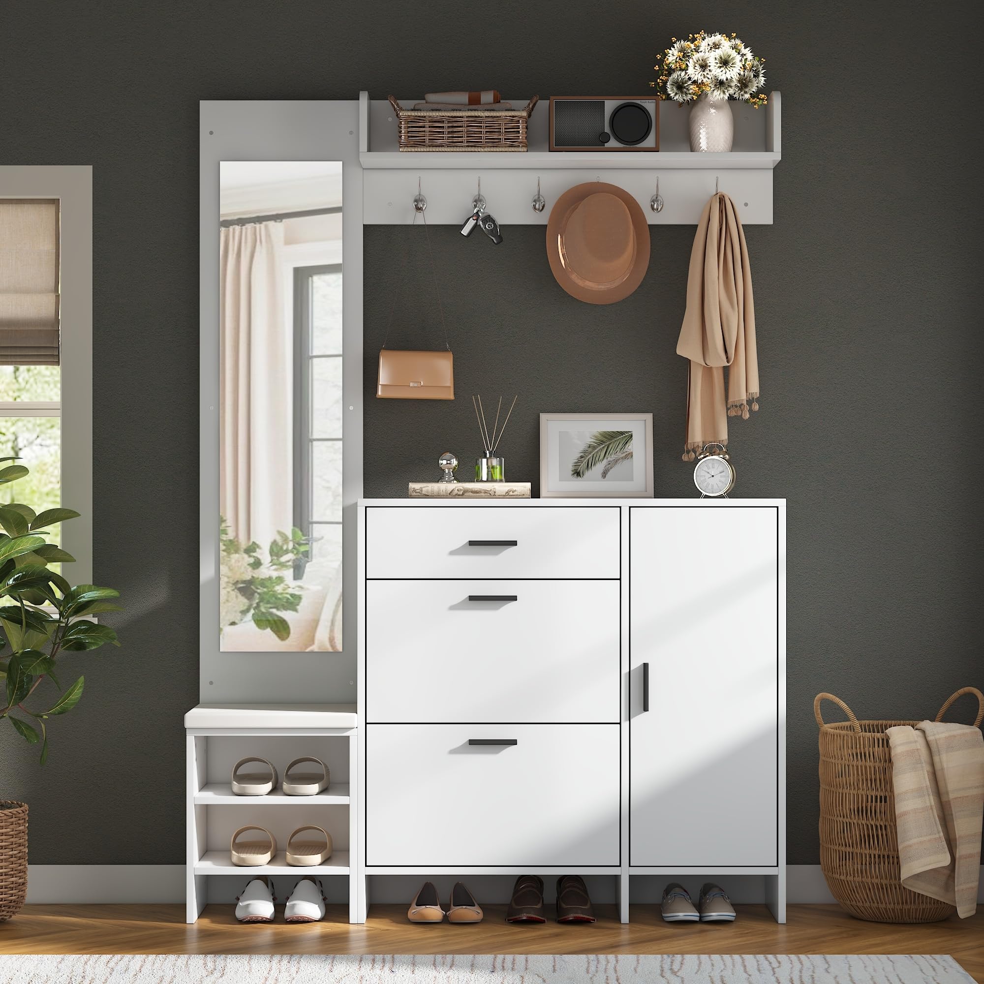 Garderobe Set Garderobenschrank mit Spiegel, Weiß, 140x30x200 cm