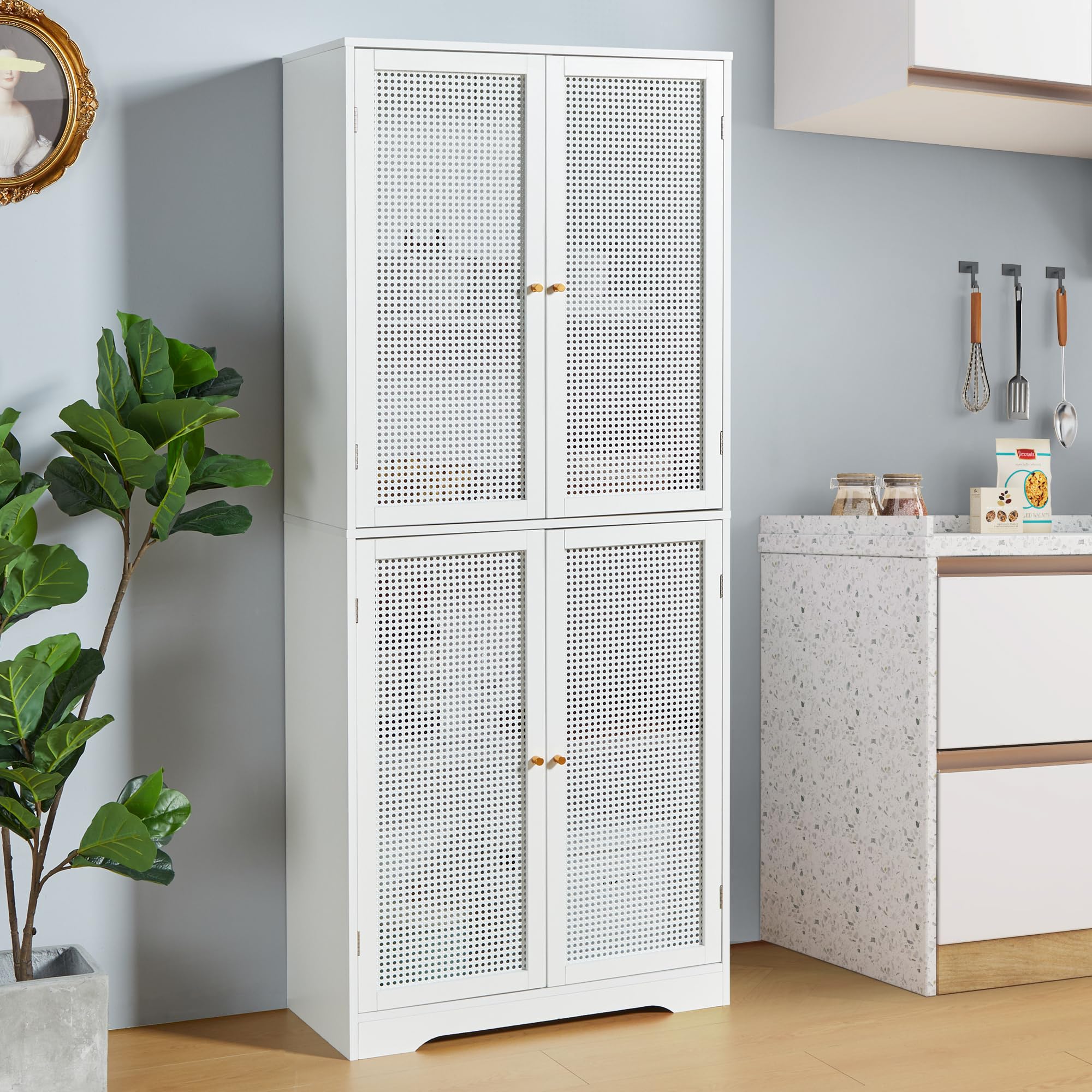 QHITTY 4 Door Freestanding Buffet Cabinet, Traditional Kitchen Pantry, Iron Rattan Sideboard with Adjustable Panel for Kitchen, Living Room, Study Room(White)