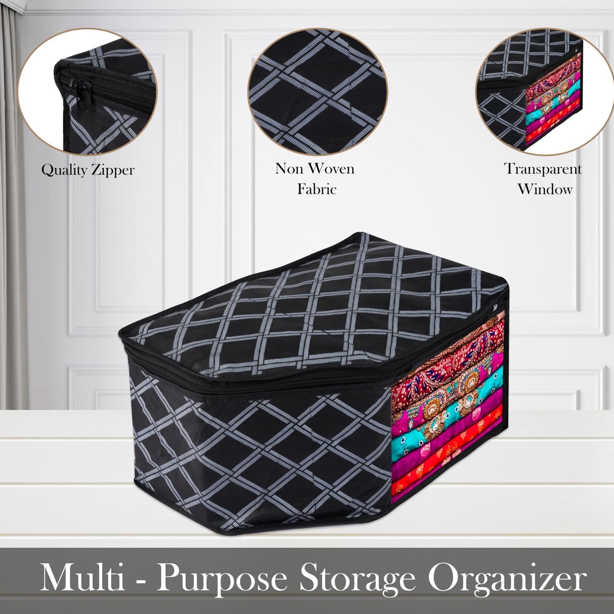 Kuber Industries 48 Stück Blusenabdeckung | Reißverschluss Kleidung Aufbewahrungstasche | Vlies Kleiderschrank Organizer | Seite Transparent Bluse Organizer | Karo Design | Schwarz