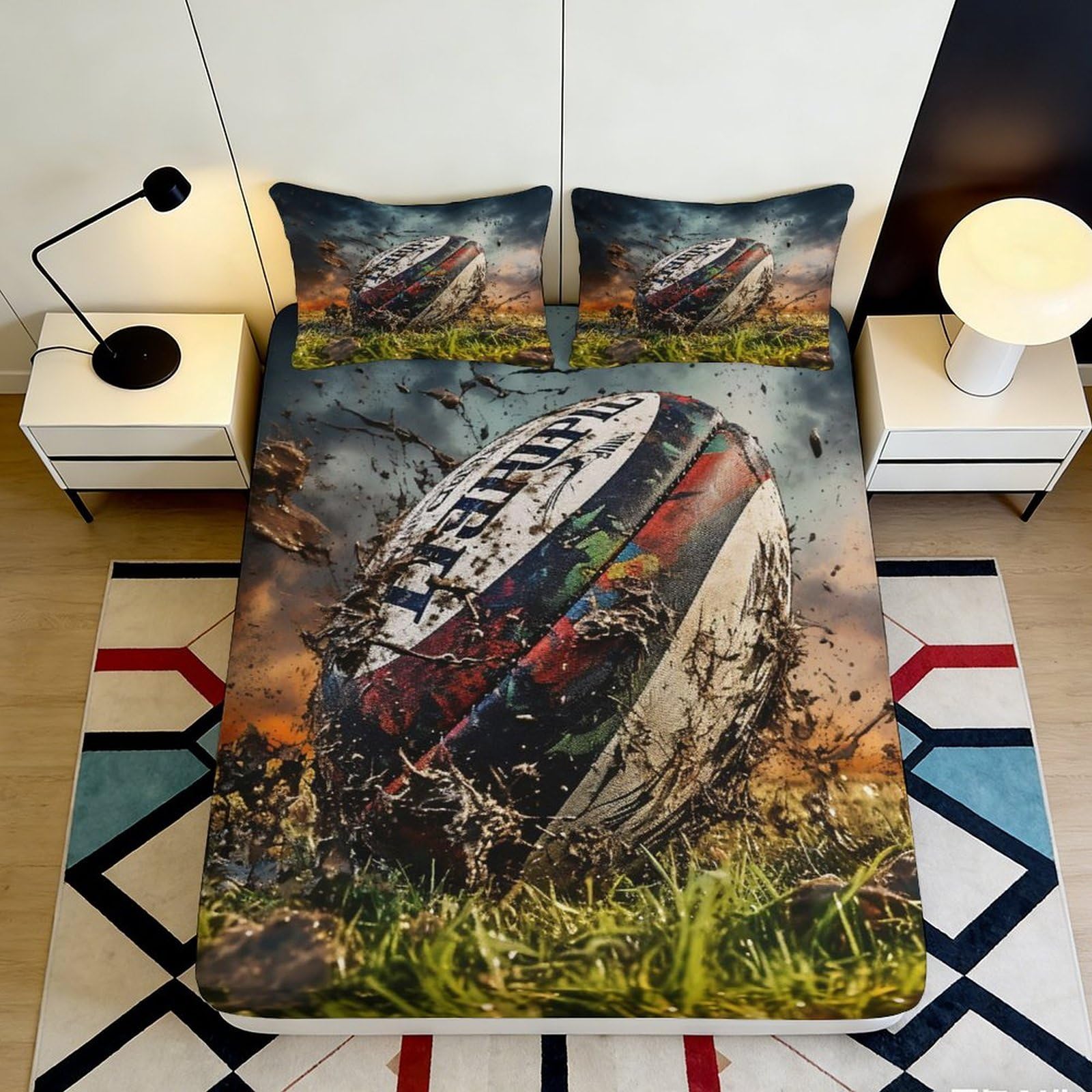 3D Printed Rugby Stadium Fitted Sheet Microfiber Soft Breathable Sports Ball Bed Cover for Bedroom Guest Room Decor 90x200x25cm