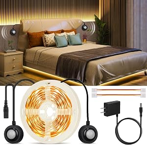 Dual Motion Sensor Light Indoor Under Bed Lights, 16.4Ft Motion Activated LED Strip Lights for Bedside, 12V Warm White Under Cabinet Lights Two Motion Sensors LED Strip for Stair Closet Hallway