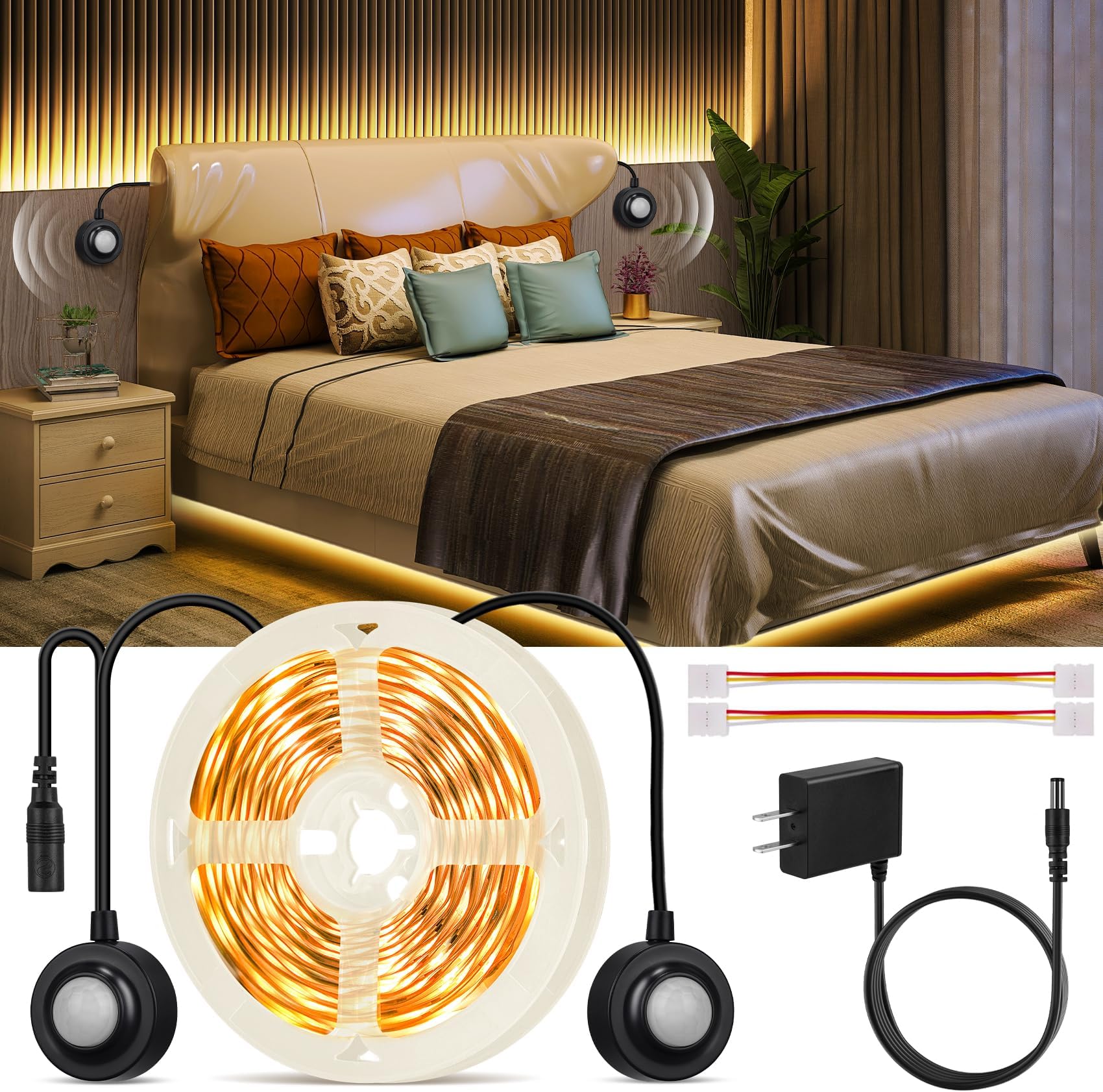 HOUHUI Dual Motion Sensor Light Indoor Under Bed Lights,16.4Ft Motion Activated LED Strip Lights for Bedside,12V Warm White Under Cabinet Light Two Motion Sensors LED Strip for Stair Closet Hallway