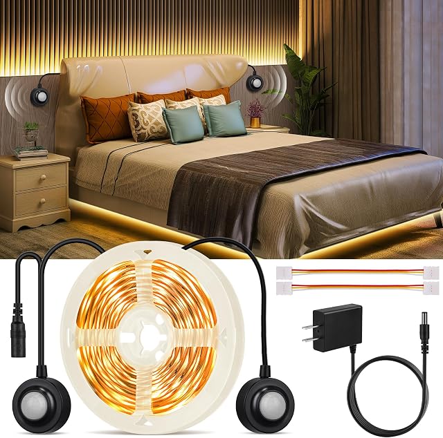 Dual Motion Sensor Light Indoor Under Bed Lights, 16.4Ft Motion Activated LED Strip Lights for Bedside, 12V Warm White Under Cabinet Lights Two Motion Sensors LED Strip for Stair Closet Hallway