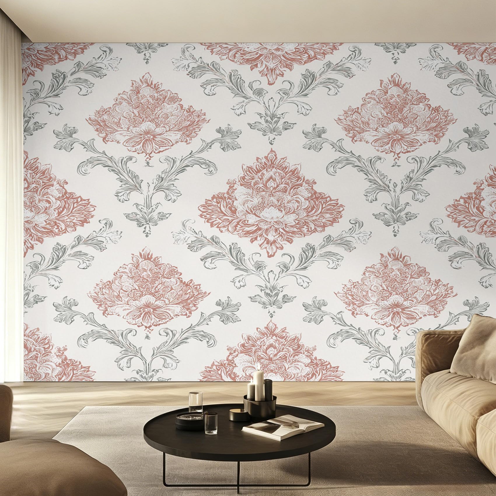 Papier peint baroque intisse ideal pour cacher les defauts d'un mur de salon