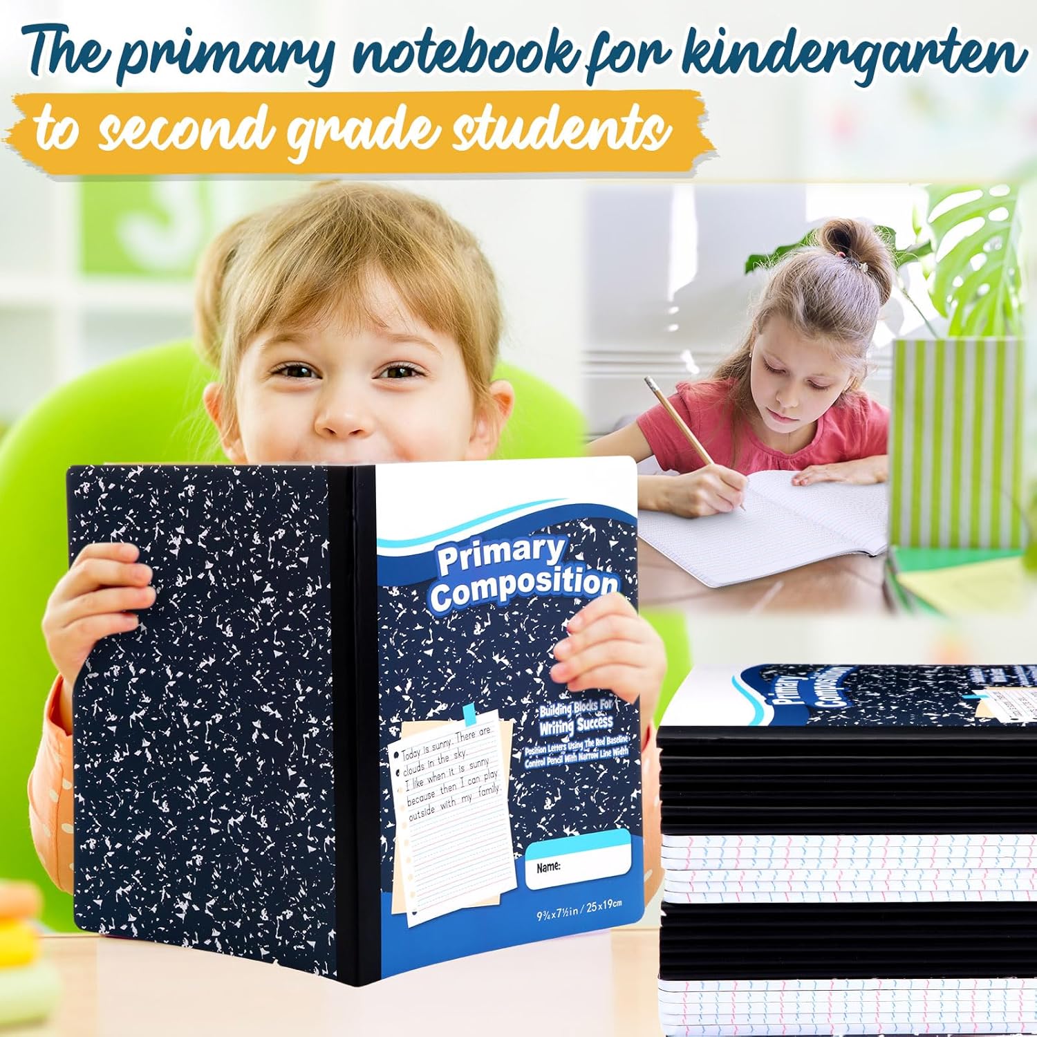 Watersay 60 Pack Primary Ruled Composition Notebook, Grade K-2 Journal 50 Sheets, 7-1/2" x 9-3/4" Primary Composition Book Writing Notebook for Kids Kindergarten Preschool 1st 2nd Grad (Blue)