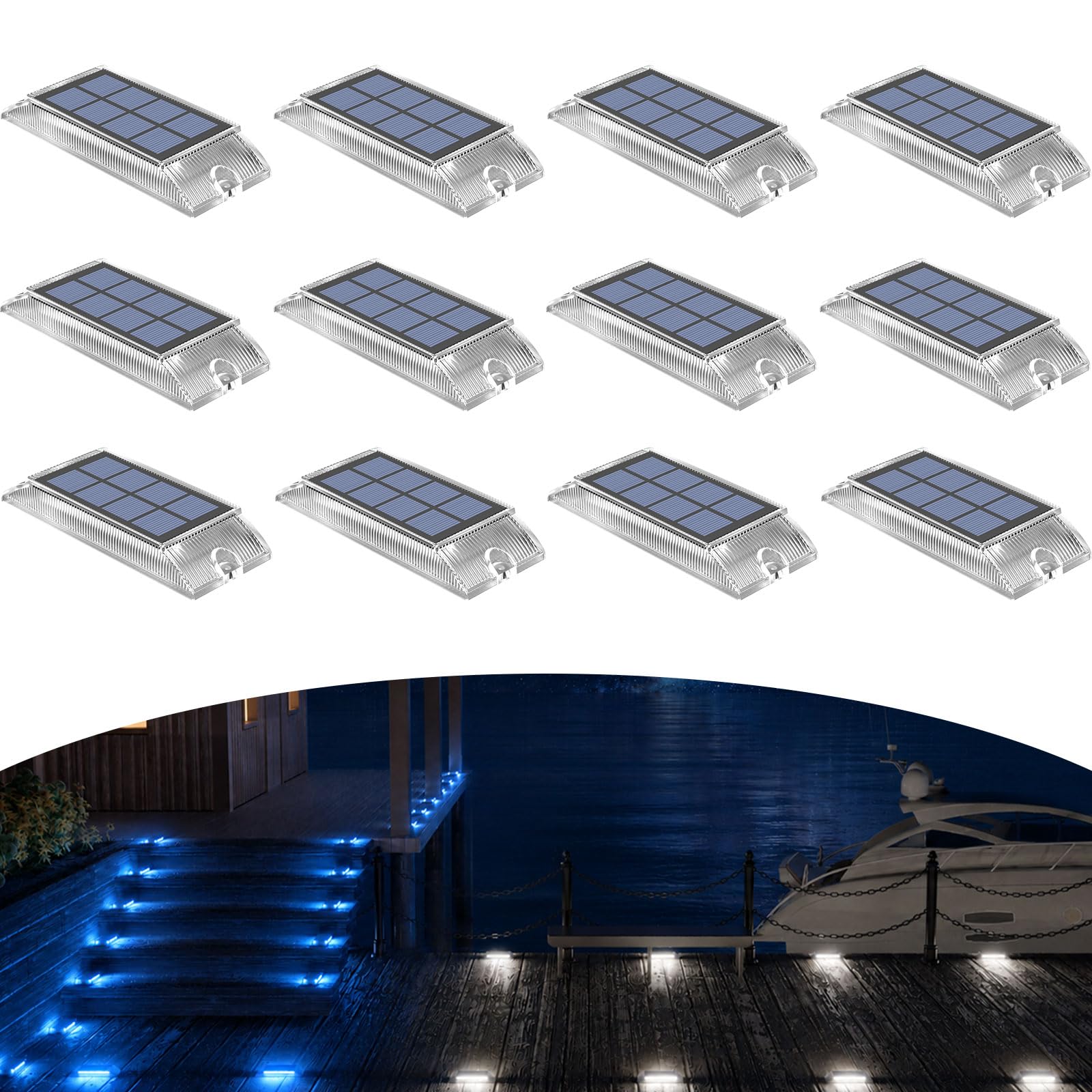 Lacasa Luces Solares LED Exterior Jardín Pack de 12, Lámpara Solar Exterior Impermeable para Jardín, Camino, Escalones, Terraza, Entrada y Piscina, LED 2 en 1 Azul y Blanco Frío