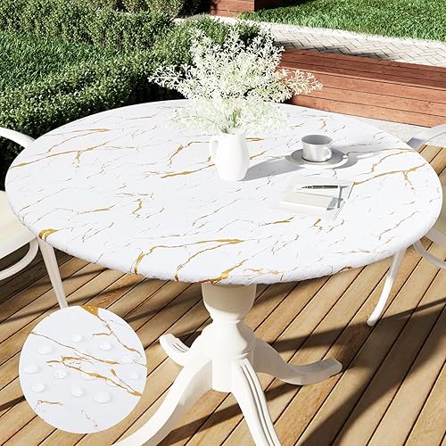 Smiry - Mantel redondo de vinilo ajustable con bordes elásticos y parte trasera de franela, mantel de vinilo impermeable, lavable, para mesas