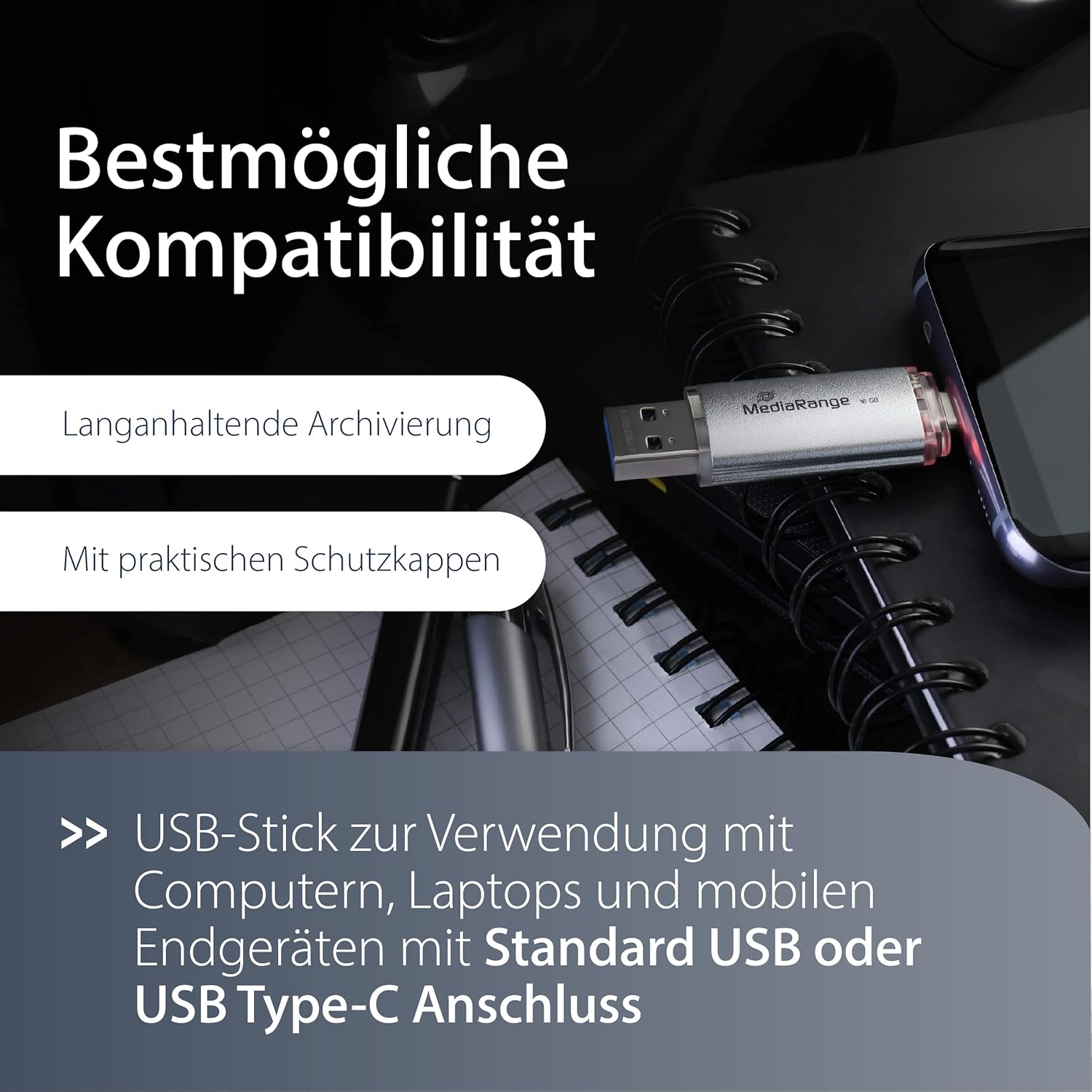 MediaRange MR937 USB Stick 64GB Silver Combo Flash Drive USB 3.1 + Type C