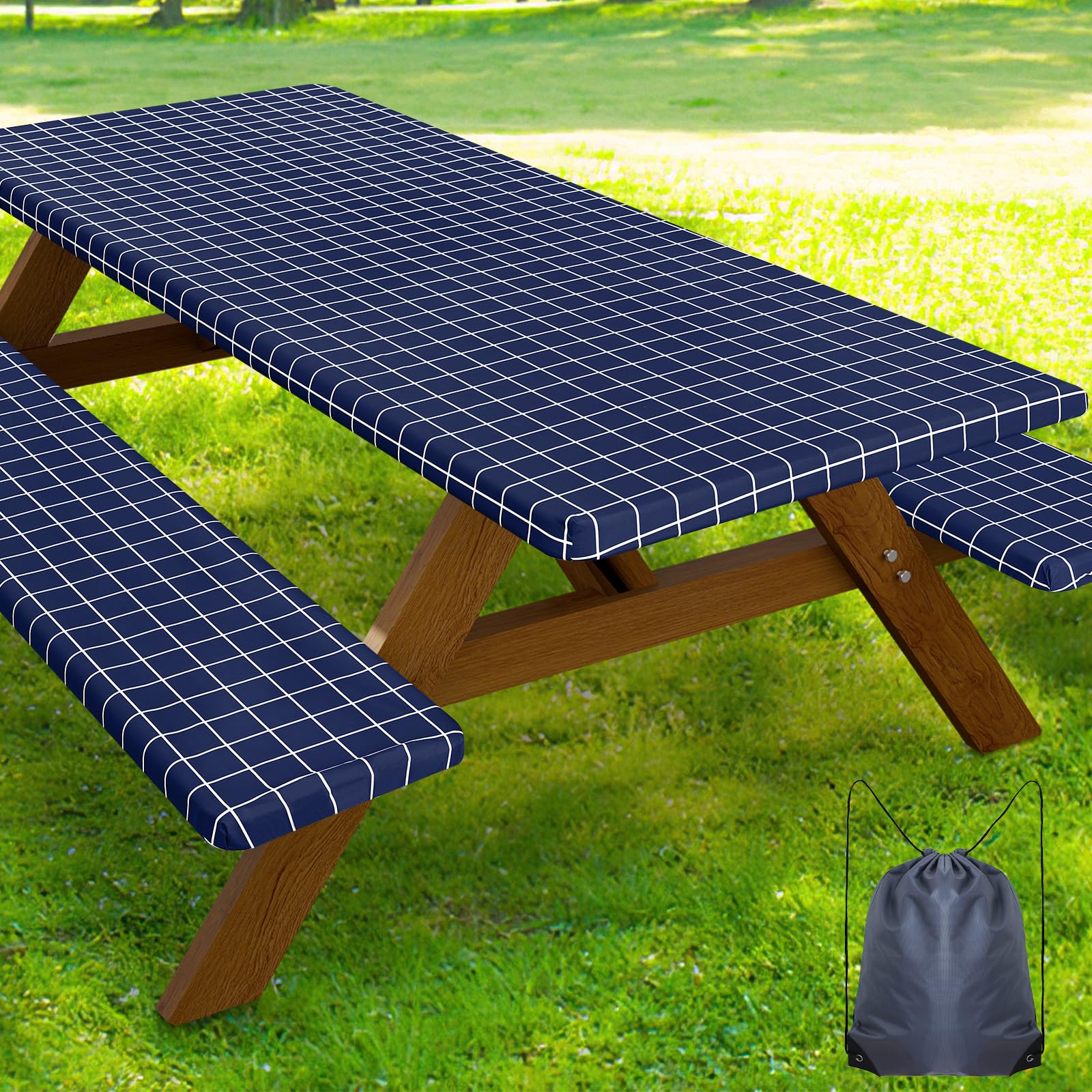 Smiry Picnic Table Cover with Bench Covers, Waterproof Elastic Fitted Tablecloth for 8 Foot Tables, Washable Polyester Tablecloths for Camping, Indoor &amp; Outdoor (Navy &amp; White, 30x96 Inch 3-pc Set)