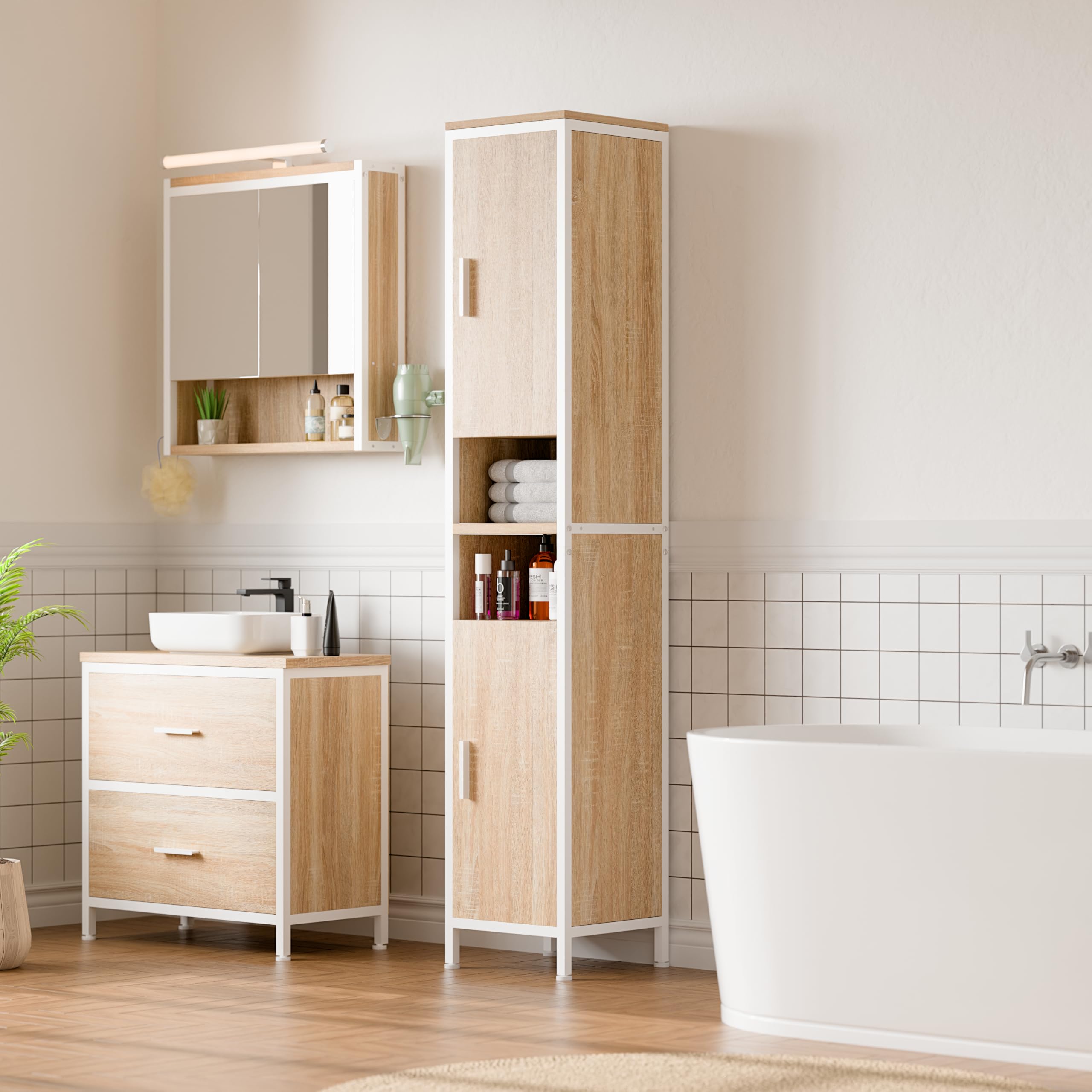 ELUCHANG Mobiletto Bagno Salvaspazio,Armadio da Bagno Alto con 2 Ante, Colonna Bagno da Terra con Ripiani Regolabili,Scomparto Aperto,per Soggiorno,Bagno,Ingresso,Rovere chiaro+Bianco,30X30X174cm