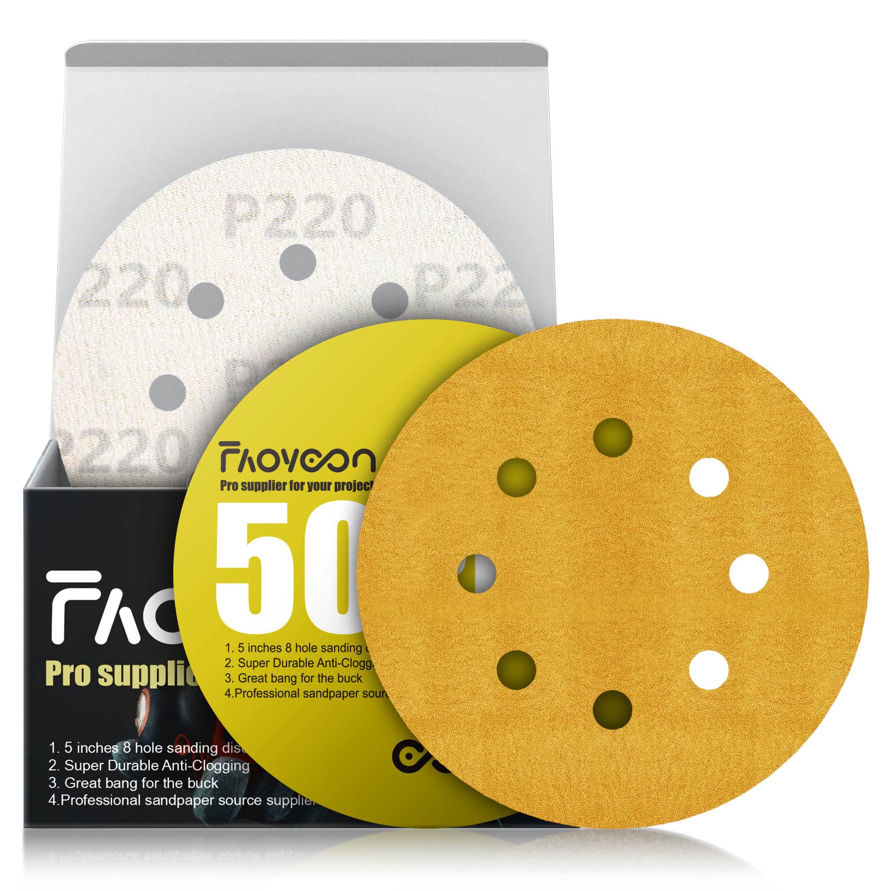 Faoyoon 5 Inch Sanding Discs Hook and Loop | 220 Grit Sandpaper | Orbital Sander Pads | Sand Paper for Automotive and Woodworking | 50 Pack