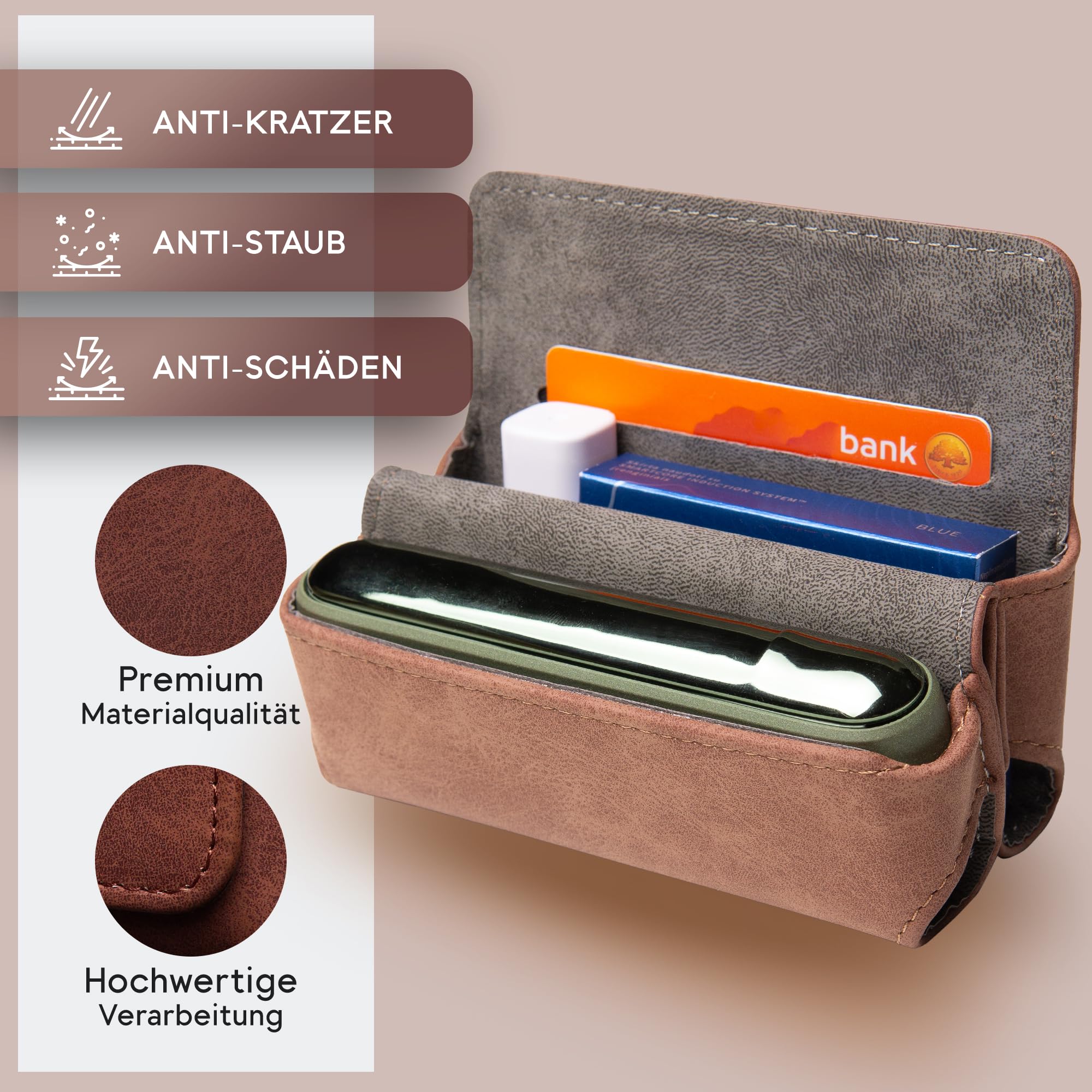 Custodia per IQOS ILUMA & ILUMA i – Custodia compatibile con accessori IQOS, pratica custodia per bastoncini di tabacco TEREA, mini posacenere o estrattore da ricamo (marrone)
