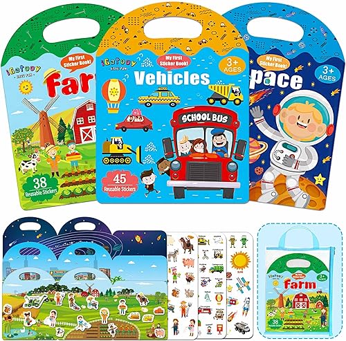 3 juegos de calcomanías para niños pequeños de 1 a 3 años, 118 calcomanías reutilizables, vehículos, granja, temática espacial, libros de