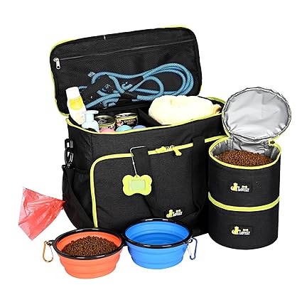 Generic Dog Travel Bag - Airline Approved Travel Set for Dogs Stores All Your Dog Accessories - Water Resistant Travel Bag for Pets with 2X Food Storage Containers and 2X Collapsible Dog Bowls,Black